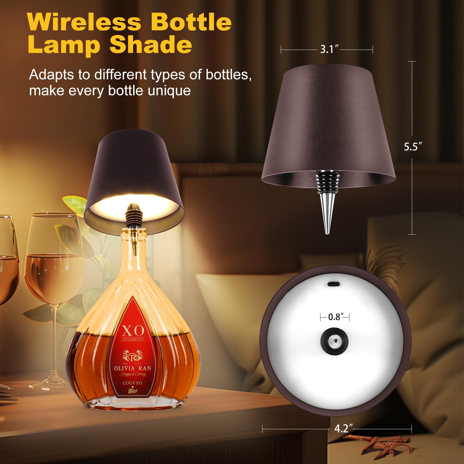 Soudfk Wireless Bottle Lamp, 2025 New 3 Color Rechargeable Wine Bottle Lights For Bars Restaurants (Brown, 1Pc)