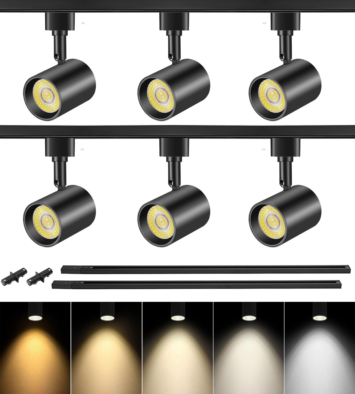 VANoopee LED Track Lighting Kit, 6 Lights, Dimmable, Black, Model ITK10W5CCTB6, 6.6FT H Type Track