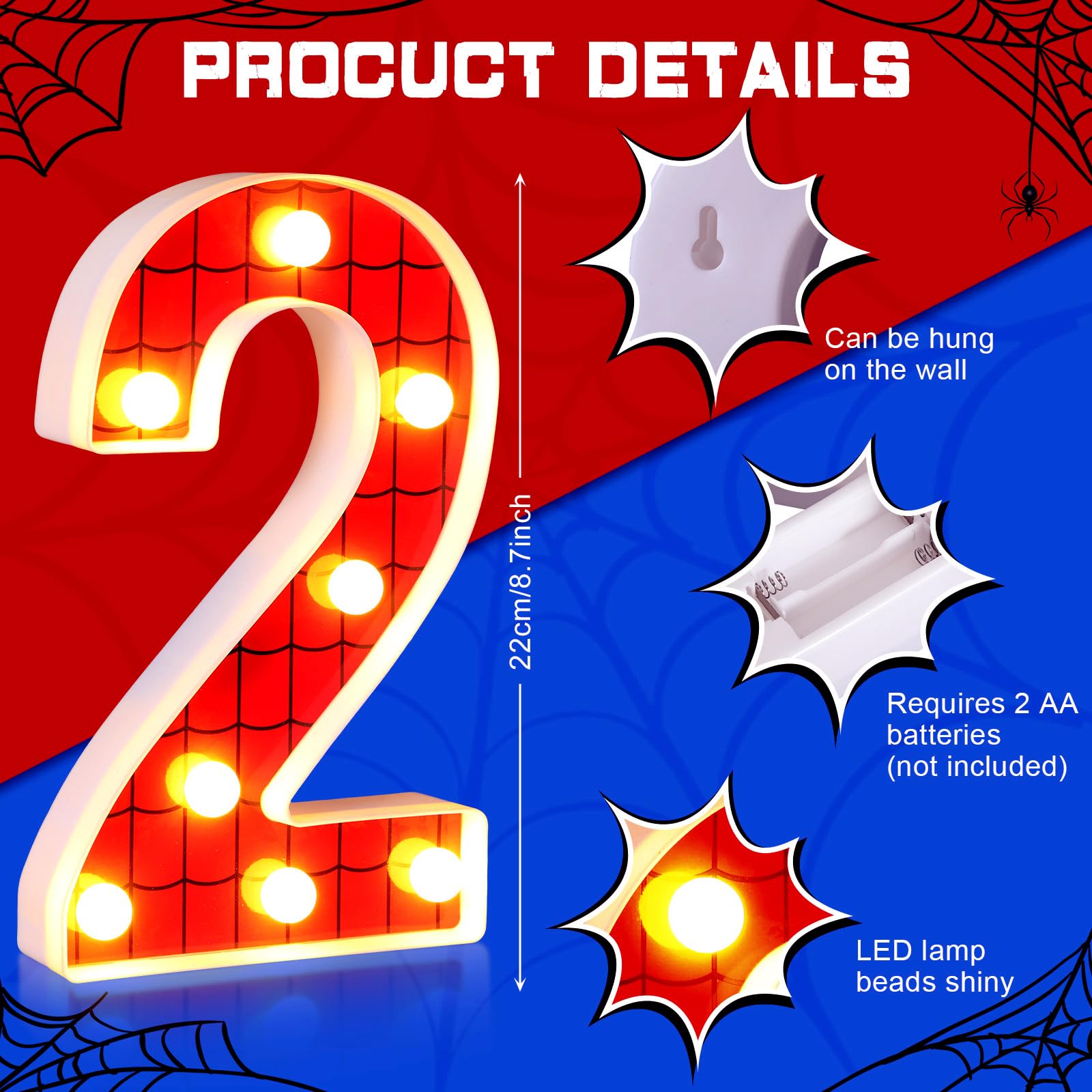 VIHOSE Spider LED Number Light – Birthday Party Decoration, Number 2, Polypropylene, As Shown, Ideal for Kids & Events