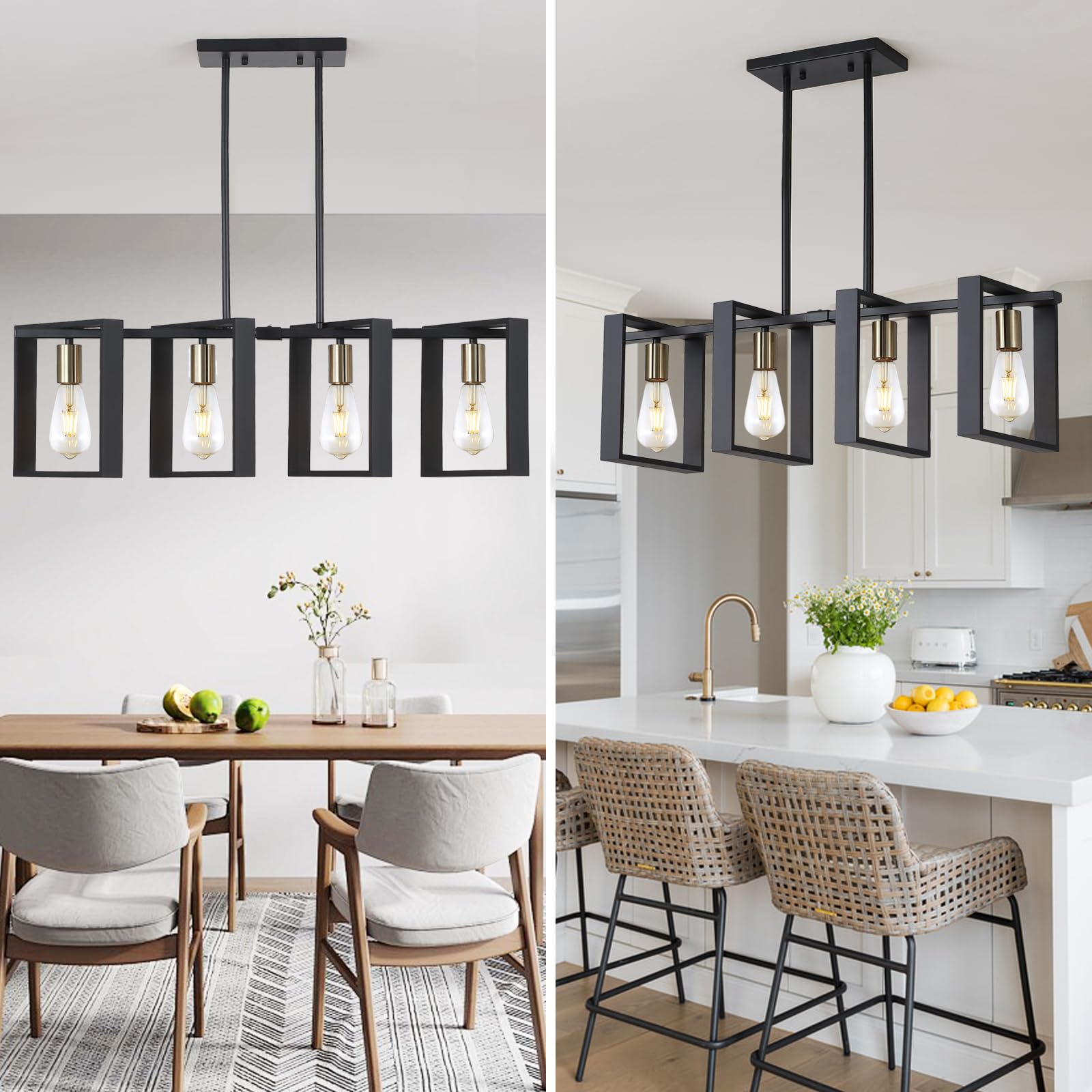 9Mmml 4 Lights Wood Chandelier,Industrial Rectangle Linear Dining Room Pendant Light, Black Wood Frame+Gold E26 Socket,Kitchen I