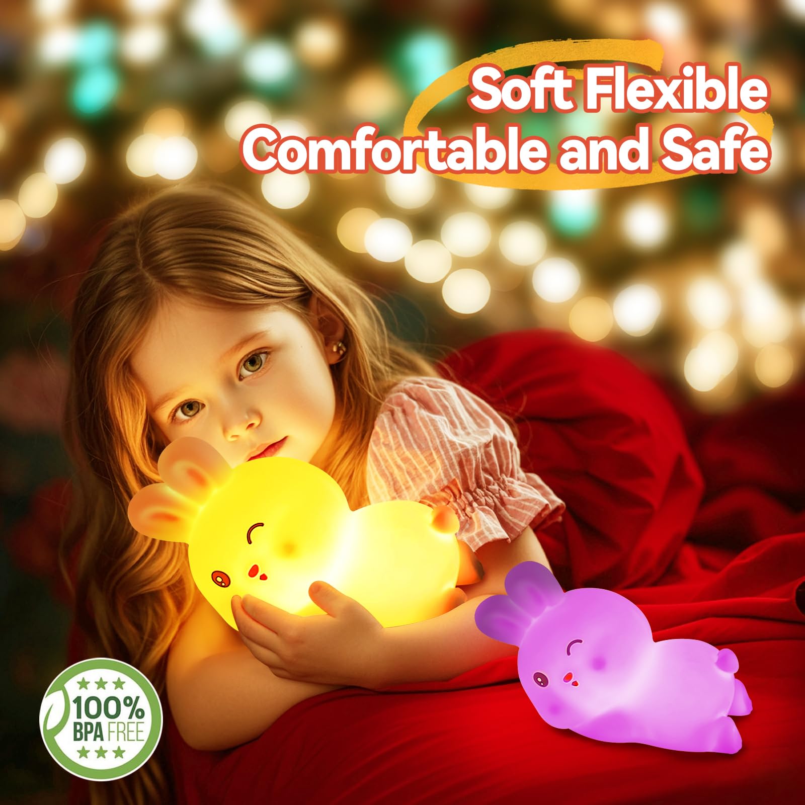 Biutyvoice Rabbit Night Light For Girl, Battery Powered Nightlight For Kid, Cute Stuff For Children Room Decor, 7 Colors Led Rec