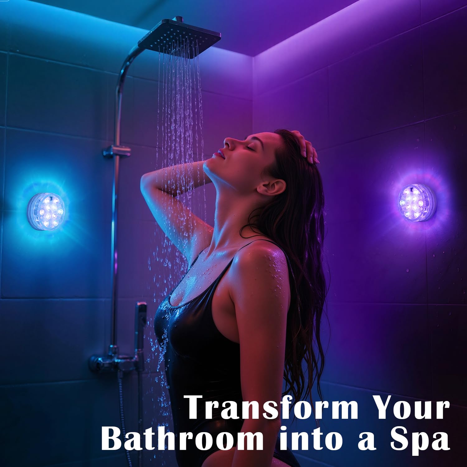 QCLTY Shower Light Waterproof, Wireless Battery Operated LED Bathroom Lights, Waterproof RGB Shower Lamp with Remote, Bathtub Li