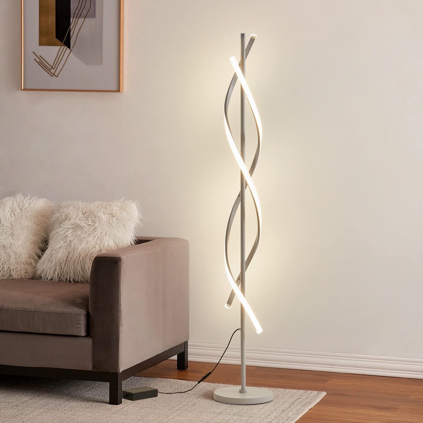 Jtfany Modern Spiral Floor Lamp With Remote Control - 60 Inch Dimmable White Lamp, 48W, Timer, 3 Color Temperatures For Living R