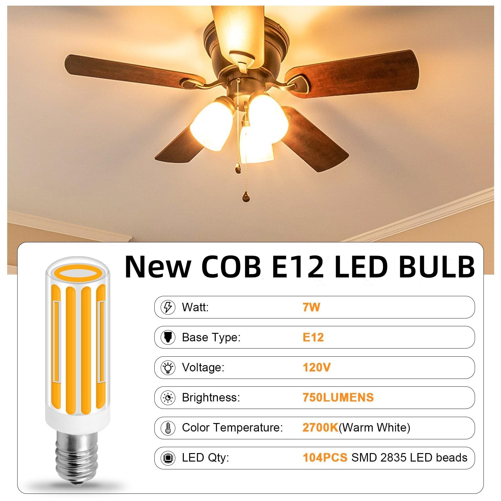 Zhenming E12 Led Bulb, 7W Dimmable Replacement 75W Light Bulbs, 120V 750Lm E12 Led Candelabra Bulbs C7 T3/T4 Light Bulbs For Cei