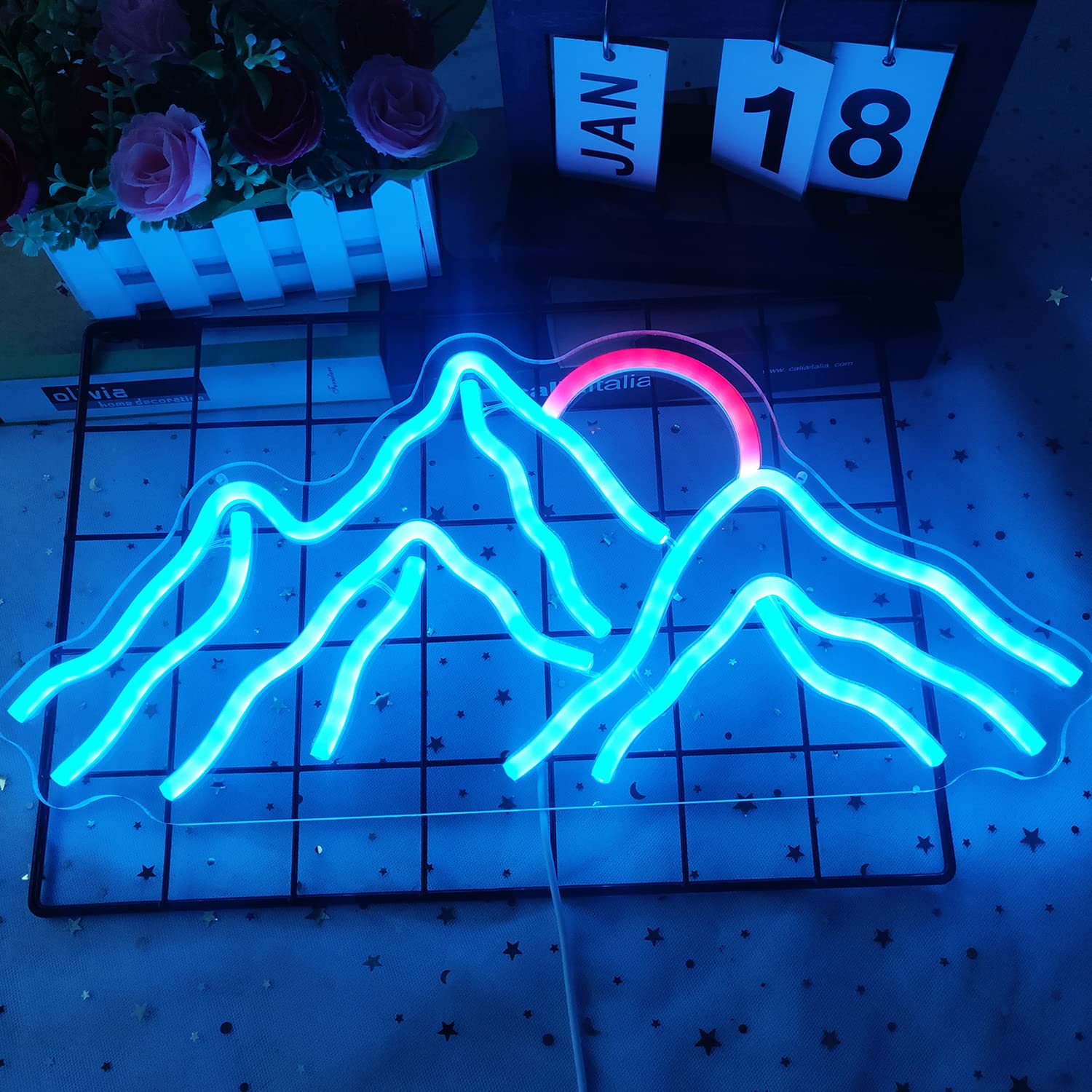 GMMLLG Dimmable Mountain Neon LED Light Sign, 16.9inx8in, Ice Blue & Red, Strong Transparent Acrylic for Bedroom & Living Room Decor