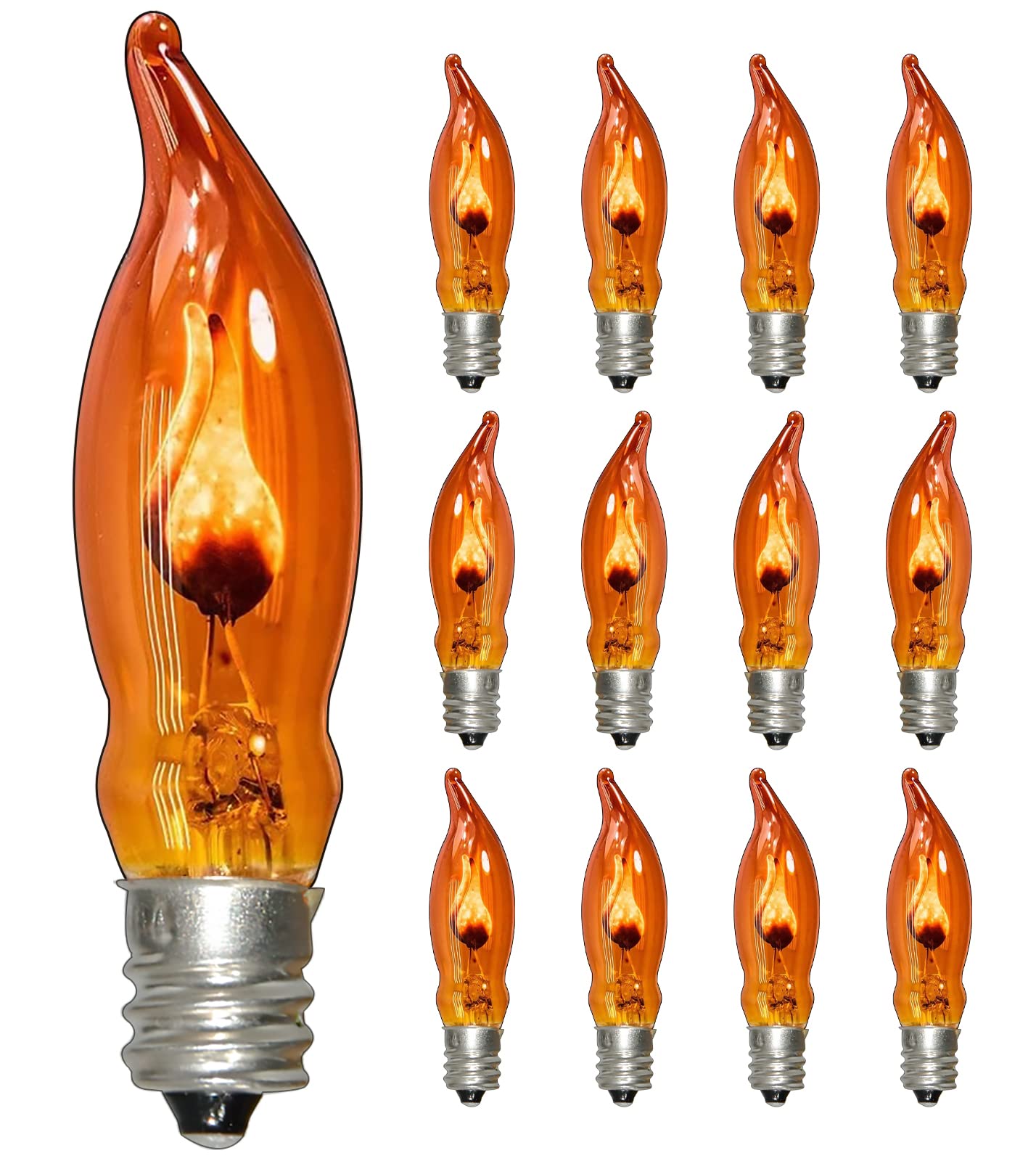 Pallerina Flicker Flame Light Bulbs, E12 Candelabra, 12 Pack, 1 Watt, C18 Orange Glass