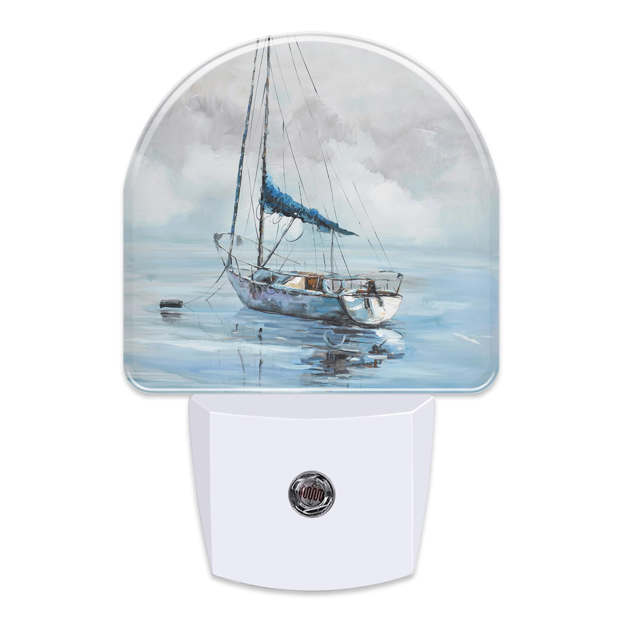 sndheke Blue Sailboat in Harbor Night Light Plug into Wall, Boat Ocean Oil Painting Dusk to Dawn Night Light Plug in,0.5w Energy