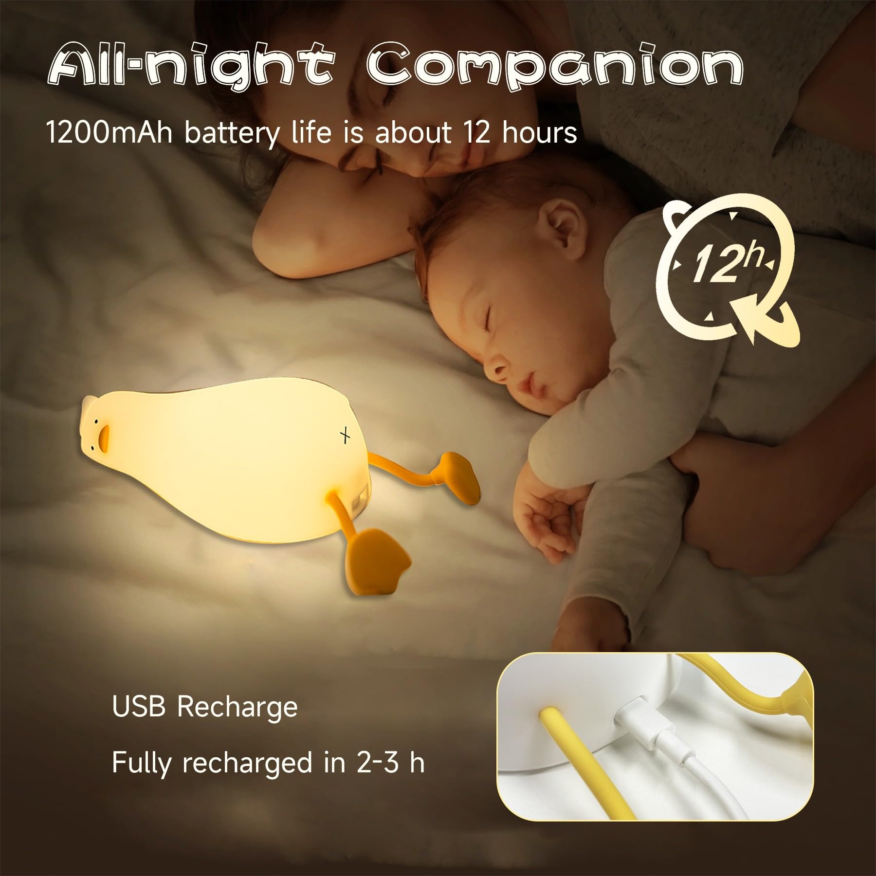 NesveCit Lay Flat Duck Night Light, Dimmable LED Silicone Lamp for Nursery, Rechargeable, Model k-1096