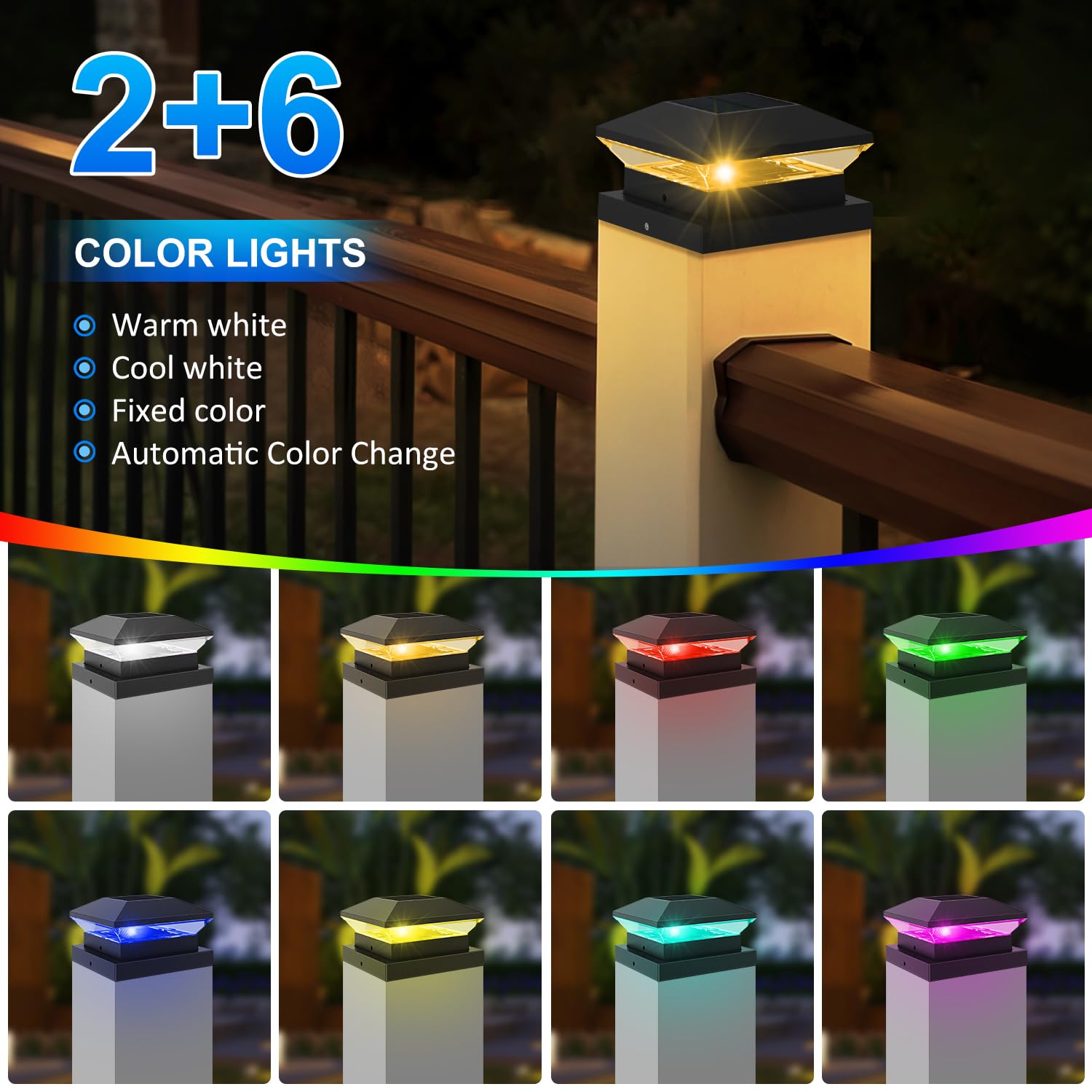 T-Sun Solar Post Cap Lights With Auto-Change Colors- For Wooden (4X4/6X6) & Vinyl (4X4/5X5) Posts | Weatherproof Outdoor Solar F