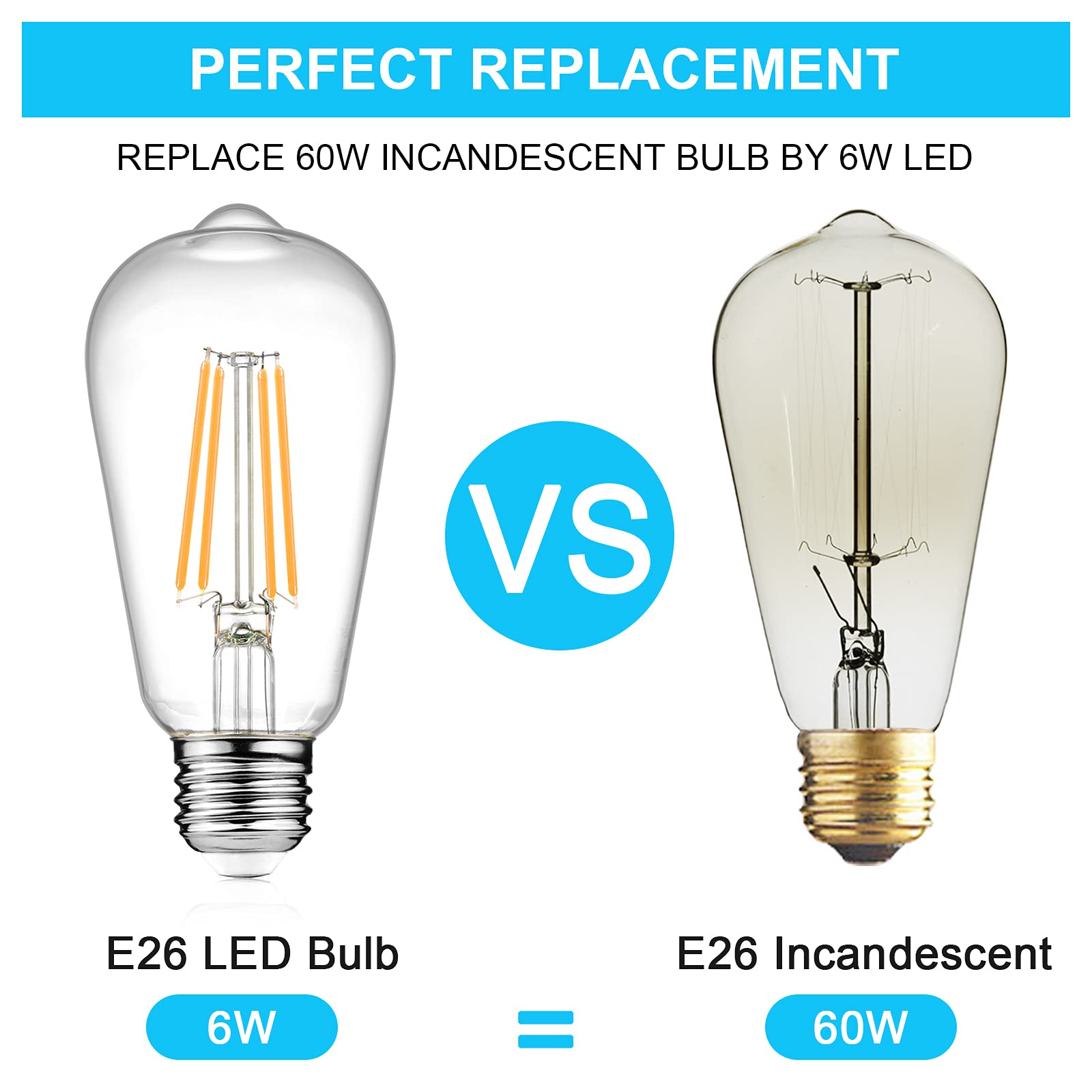 Ascher Vintage LED Edison Light Bulb 12-Pack, 60W Equivalent, Warm White 2700K, Glass, E26 Base, Non-Dimmable