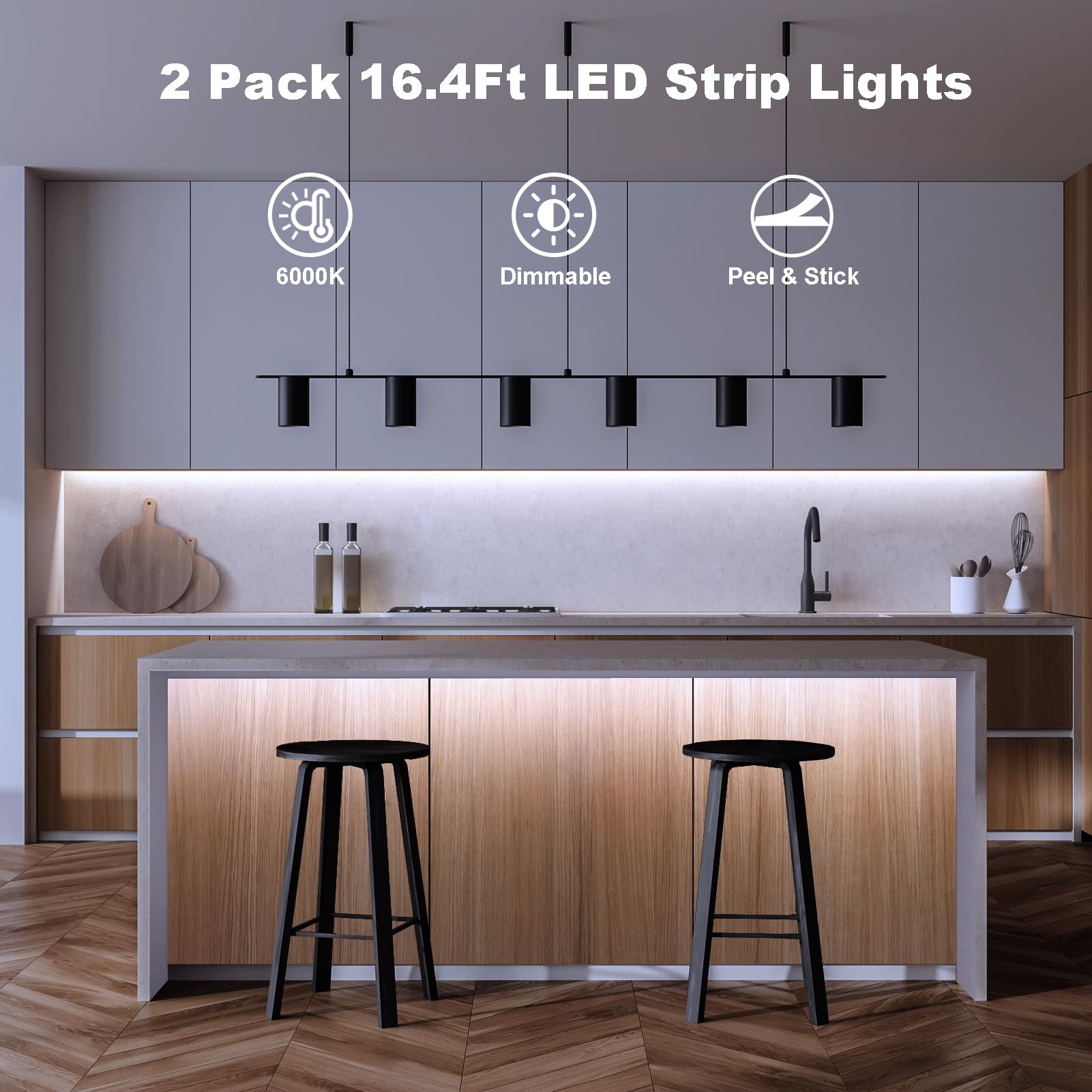 echosari 2 PCS LED Strip Lights, 16.4Ft Battery Operated, Self-Adhesive, Flexible, Cool White