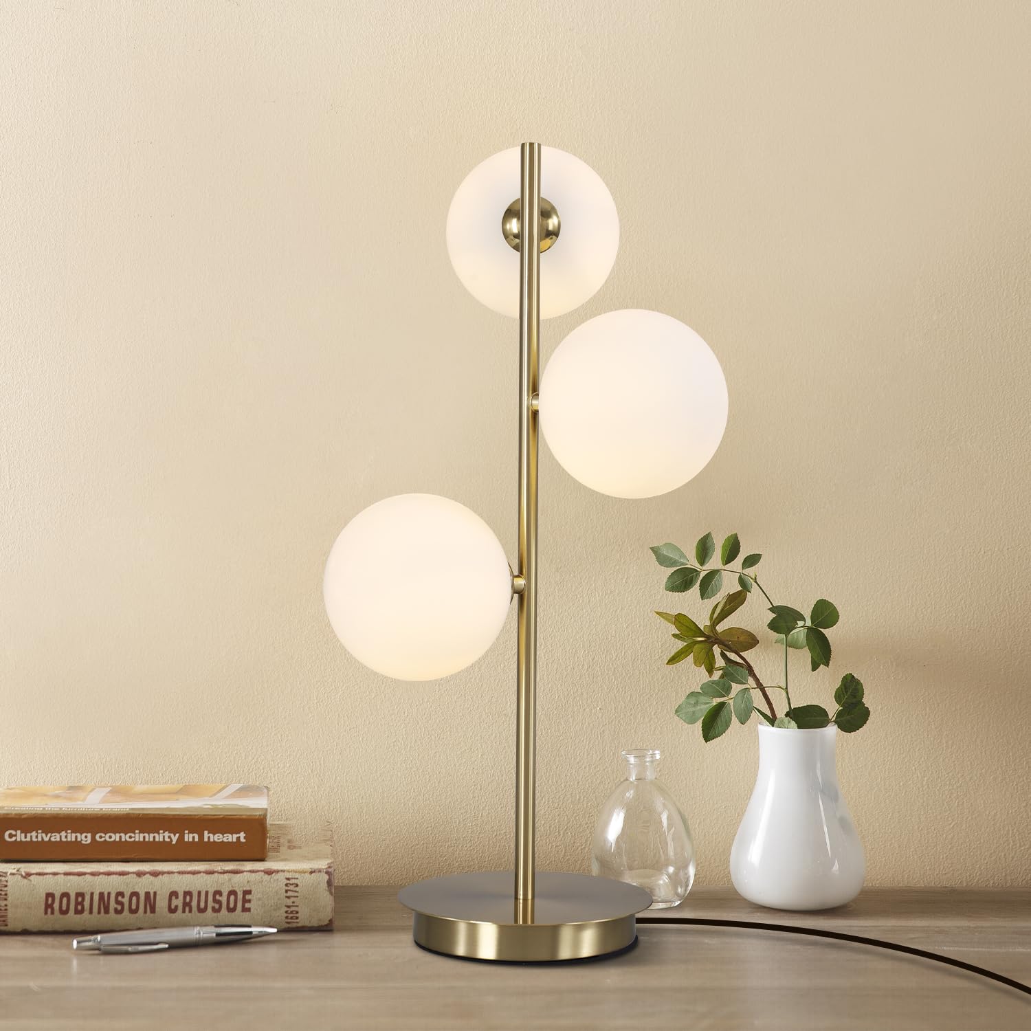 Fulesi Mid Century 3-Light Globe Table Lamp, Gold & White Glass, Modern Desk Lamp For Living Room