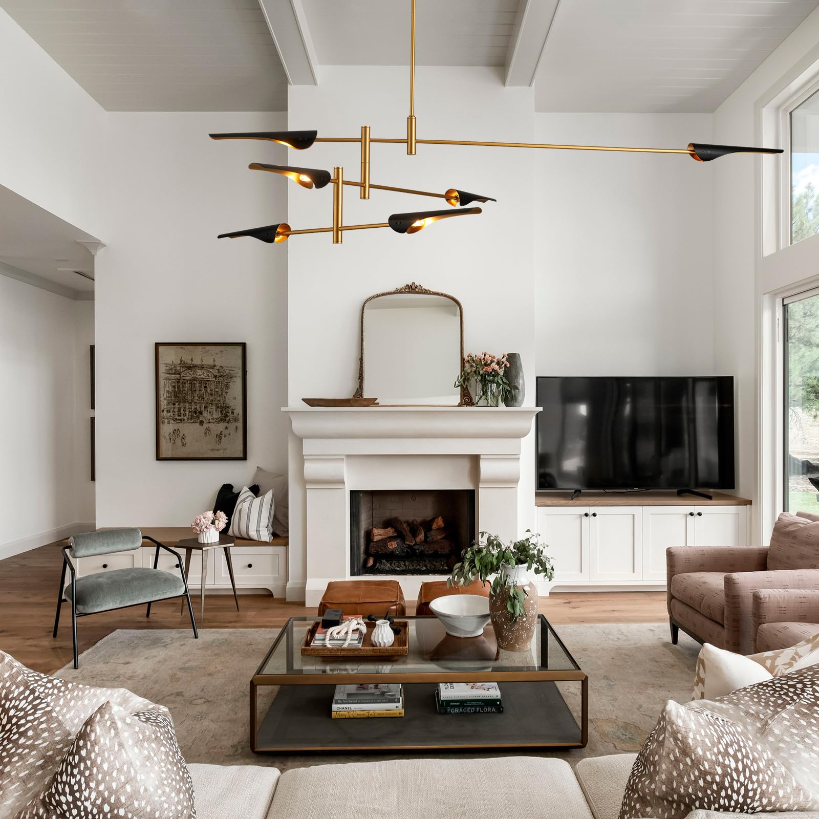 MhyTogn 76” Industrial Pendant Light, 6-Lights Adjustable Chandelier, Metal, Black, Model 453-EKD-6 for Dining Room, Living Room, Kitchen
