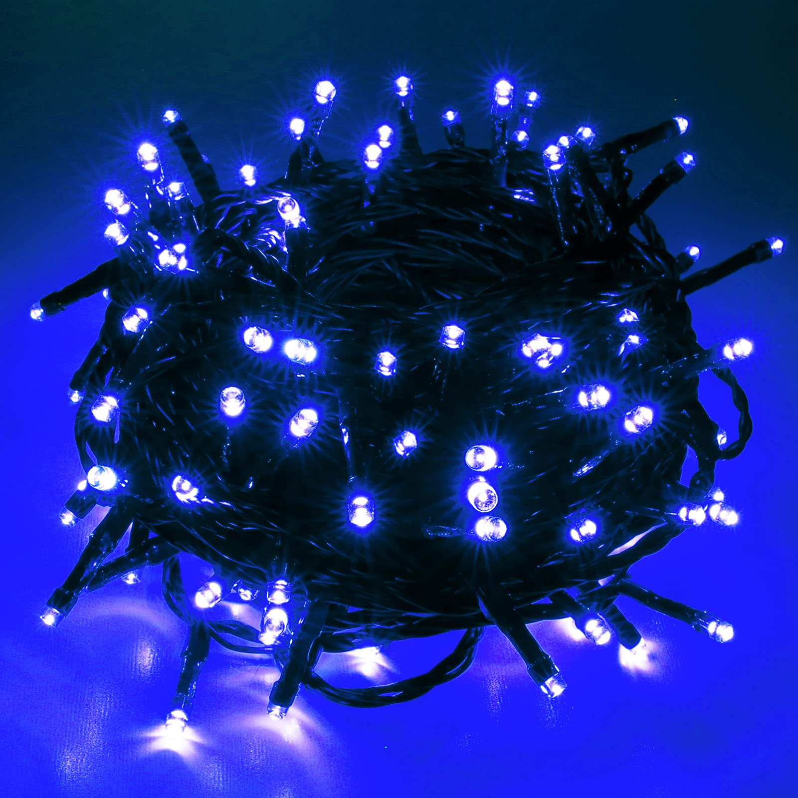 Pooqla 200 LED Blue String Lights, 66 ft Indoor/Outdoor, 8 Modes, PVC, Green Wire