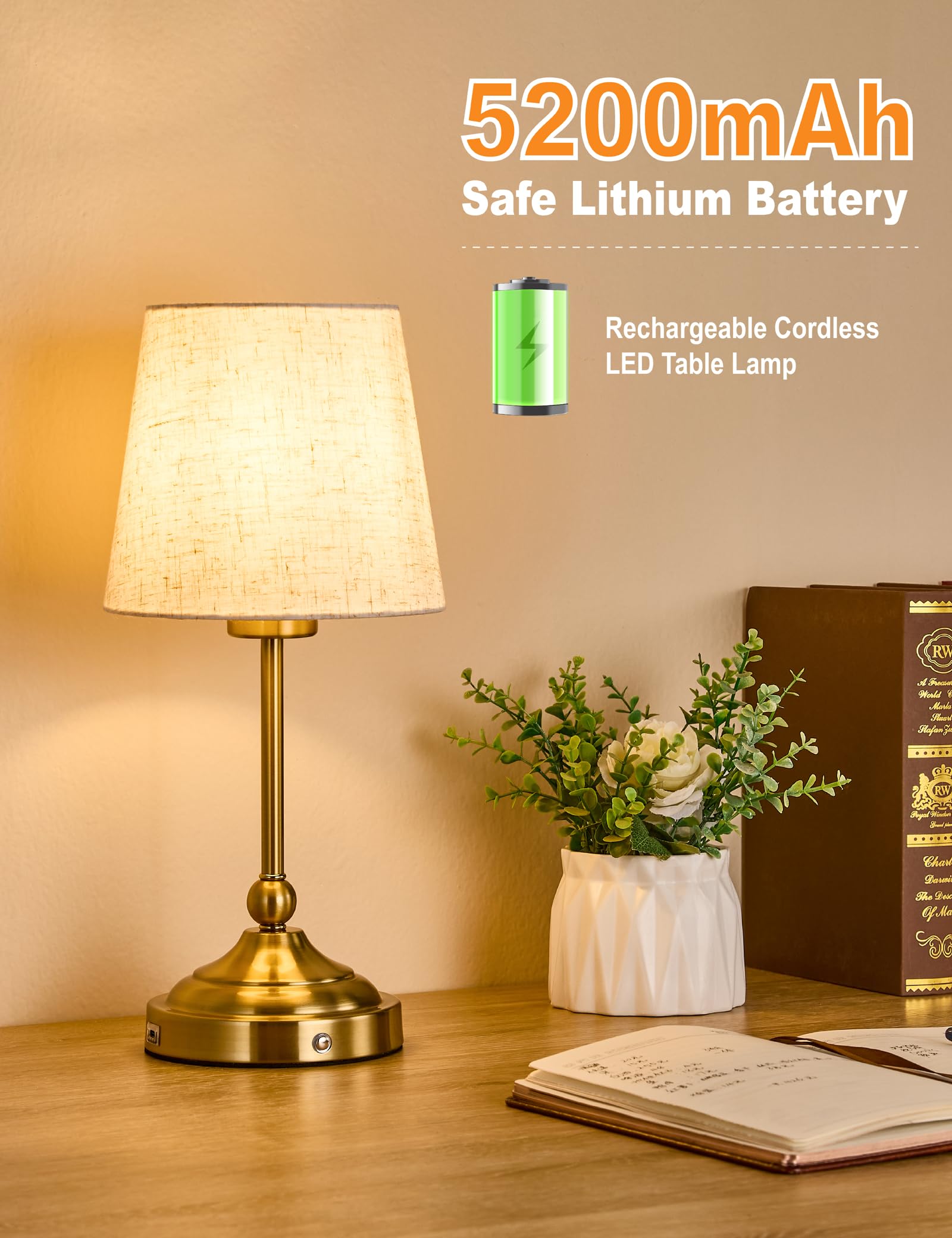 BOHON Cordless Lamp with Dimmer, Built-in 5200mAh Rechargeable Lamp, Patio Table Lamp, LED Bedside Night Light, Outdoor Ambient