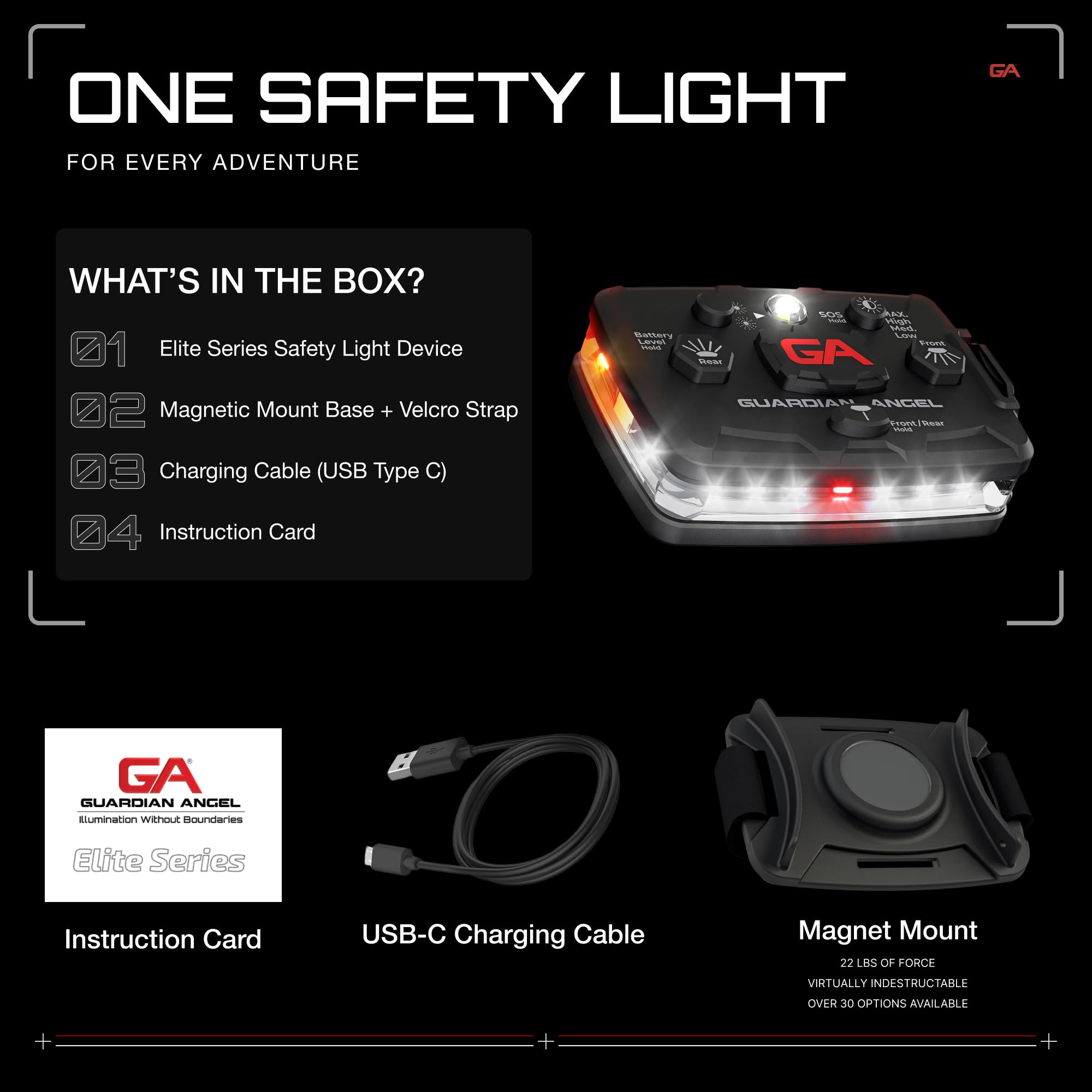 Guardian Angel Elite Series Safety Light - Rechargeable LED Beacon Device, Magnetic, Hands-Free, White/Orange, Model ELT-W/O