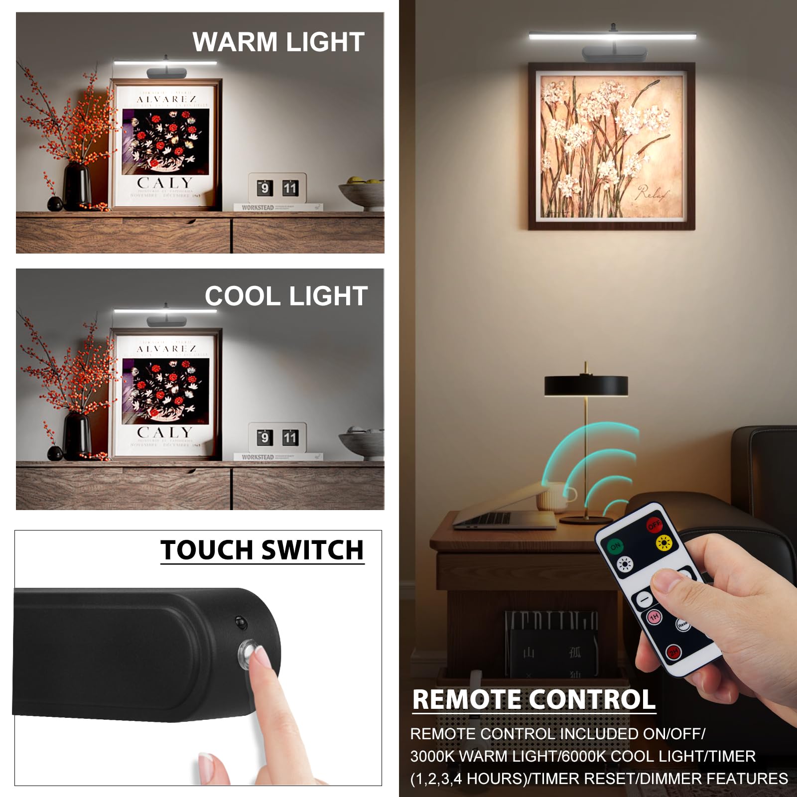 RAIFOOLLY Picture Light - Wireless 3AA Battery Art Light with Remote, Dimmable, 15 Inch, Black - Model RF00300