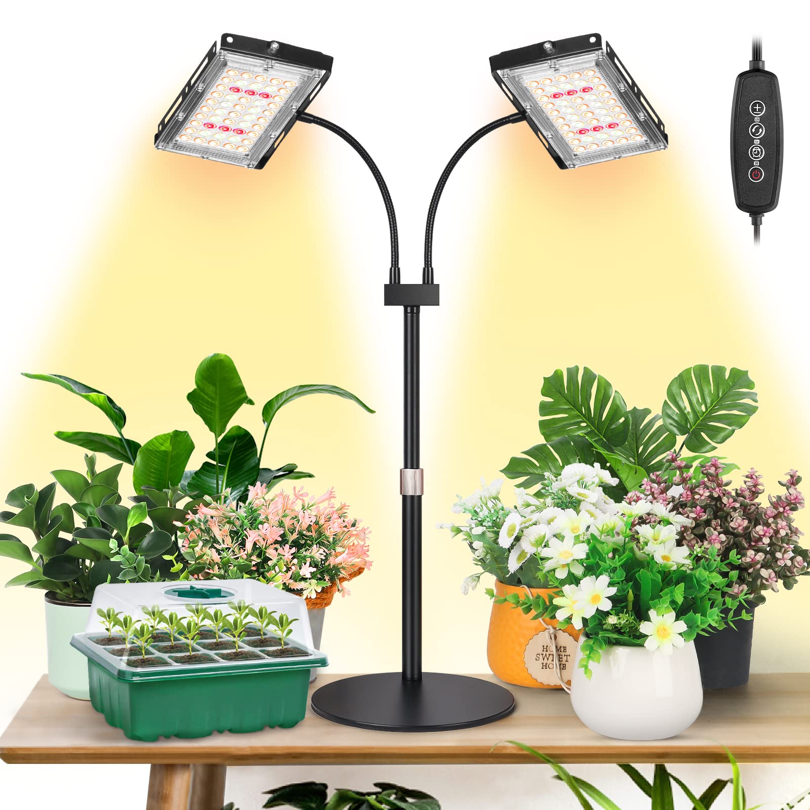 Lbw Plant Grow Light, Full Spectrum Dual Heads Desk Plant Light For Indoor Plants, Growing Lamp With 3H/6H/12H Timer, 6-Level Brightness, 3 Lighting Modes, Height Adjustable, Ideal For Indoor Growth