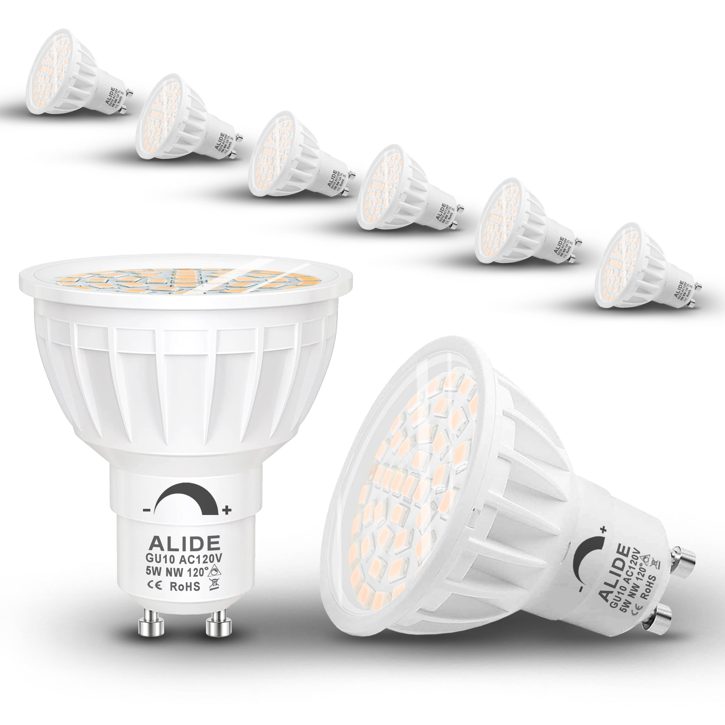 Alide Dimmable Gu10 Led Bulbs,Replace 50W Halogen,4000K Neutral White Flood Wide Angle 120 Deg,Ac120V Gu10 5W Led Bulbs For Floo