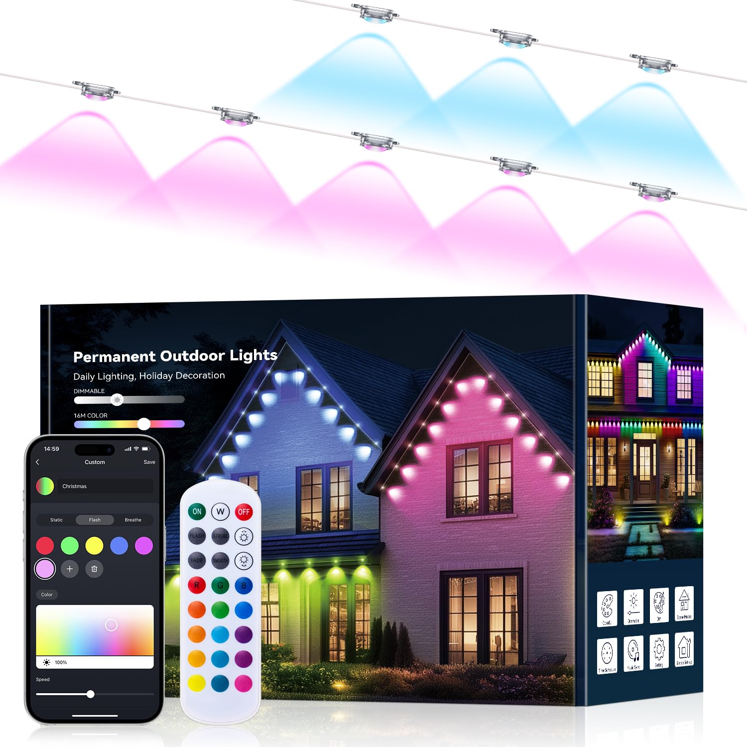 lemonrole RGB Eaves Lights - 400FT, IP67 Waterproof, App Control, Multicolor, Model 3030