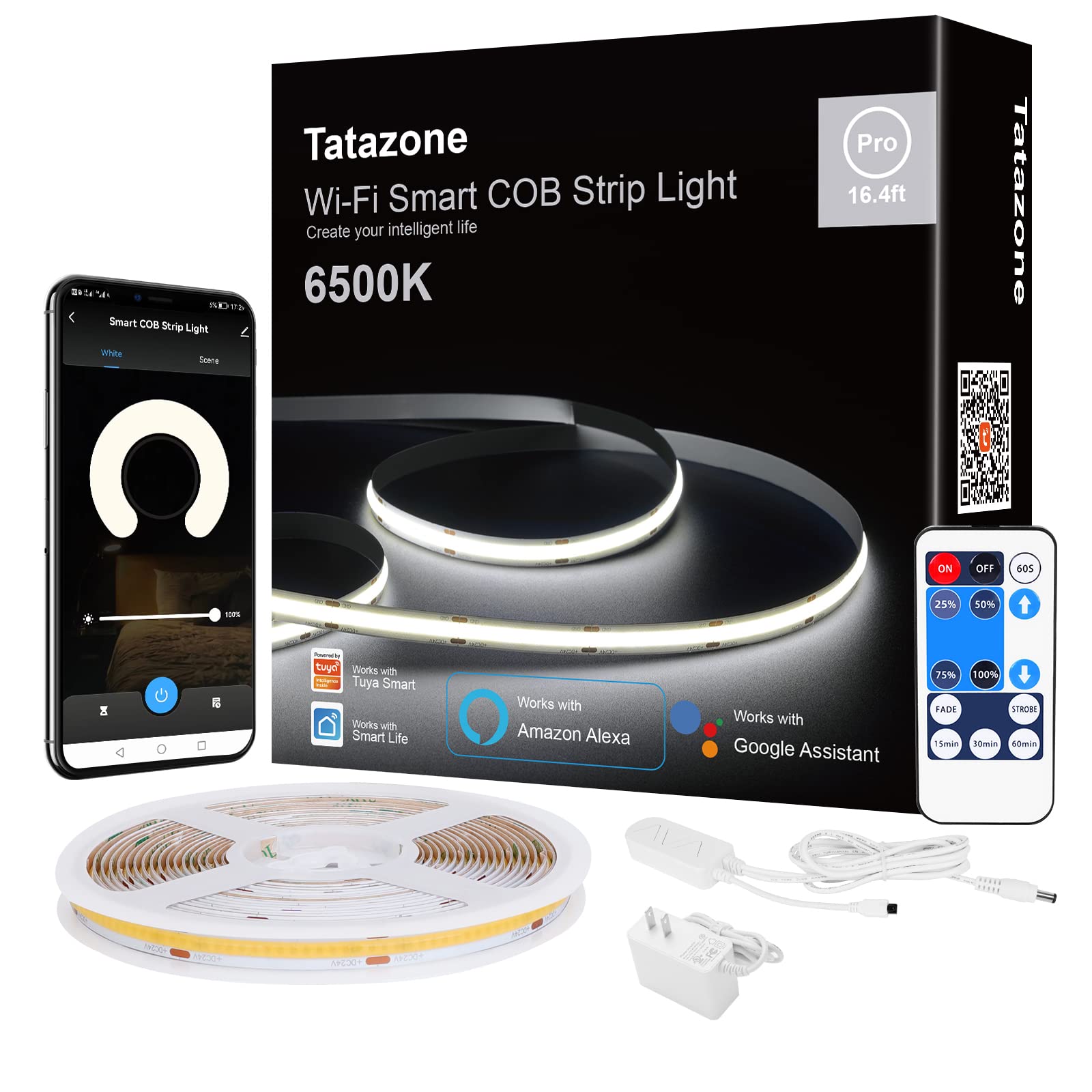 Tatazone 16.4ft 6500K WiFi COB Led Band Light with App and Remote  Compatible with Alexa and Google  Dimmable Cool White Indoor COB Led Lights for Stair  Kitchen  Cabinet