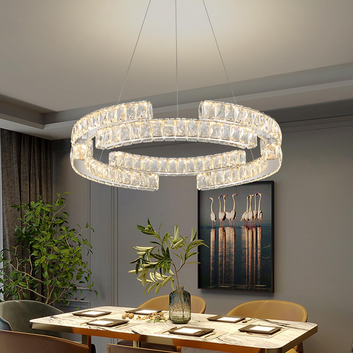 Idequy Ring Crystal Pendant Light Crystal Chandeliers Foyer Entrance Chandeliers Led Dimmable D32''+D24''+D16''