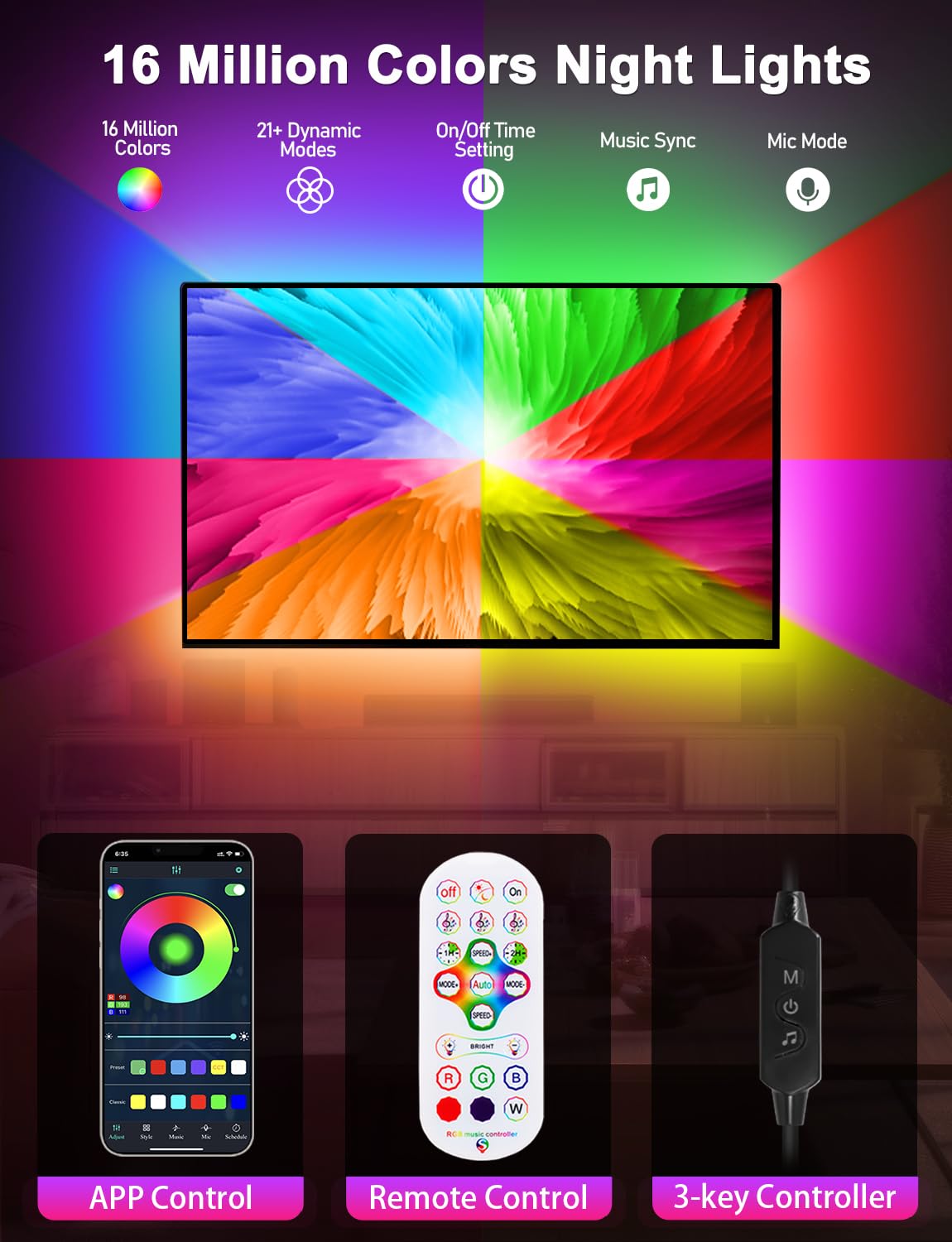 HORYLIT LED TV Backlight, 16.4ft for 55-70in TV, Multicolor, USB Remote Control, Model HR-QLD-03