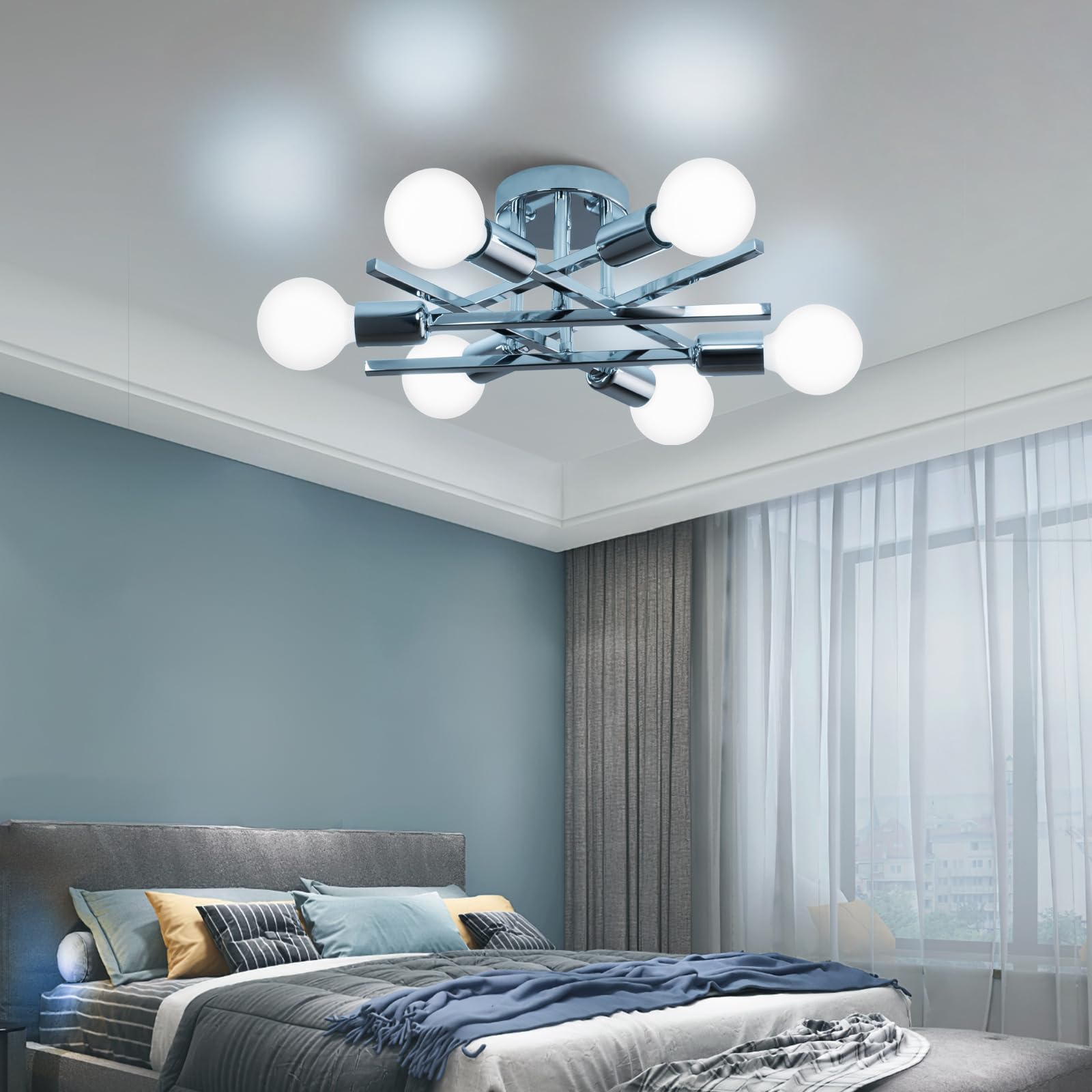 Xingsiyuelyx 6-Light Chrome Sputnik Ceiling Light Fixture,Semi Flush Mount Ceiling Light,Modern Close To Ceiling Light,Chandelier Light Fixture Ceiling For Living Room Dining Room Foyer,E26 Socket