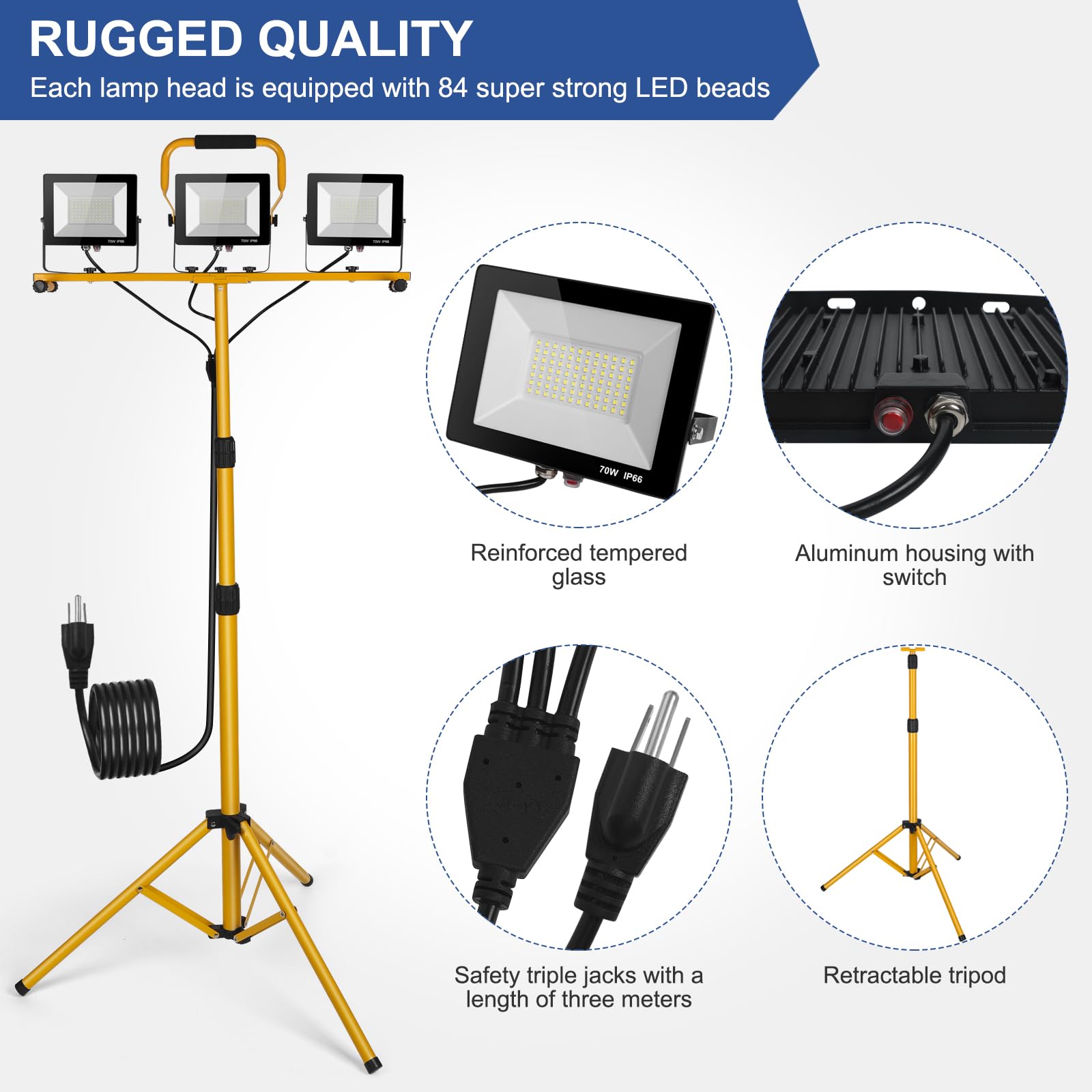 Jdzkomke 21000Lumens Led Work Lights With Stand, 3 Adjustable Work Lamp Head With Individual Switch, Ip66 Waterproof Tripod Work