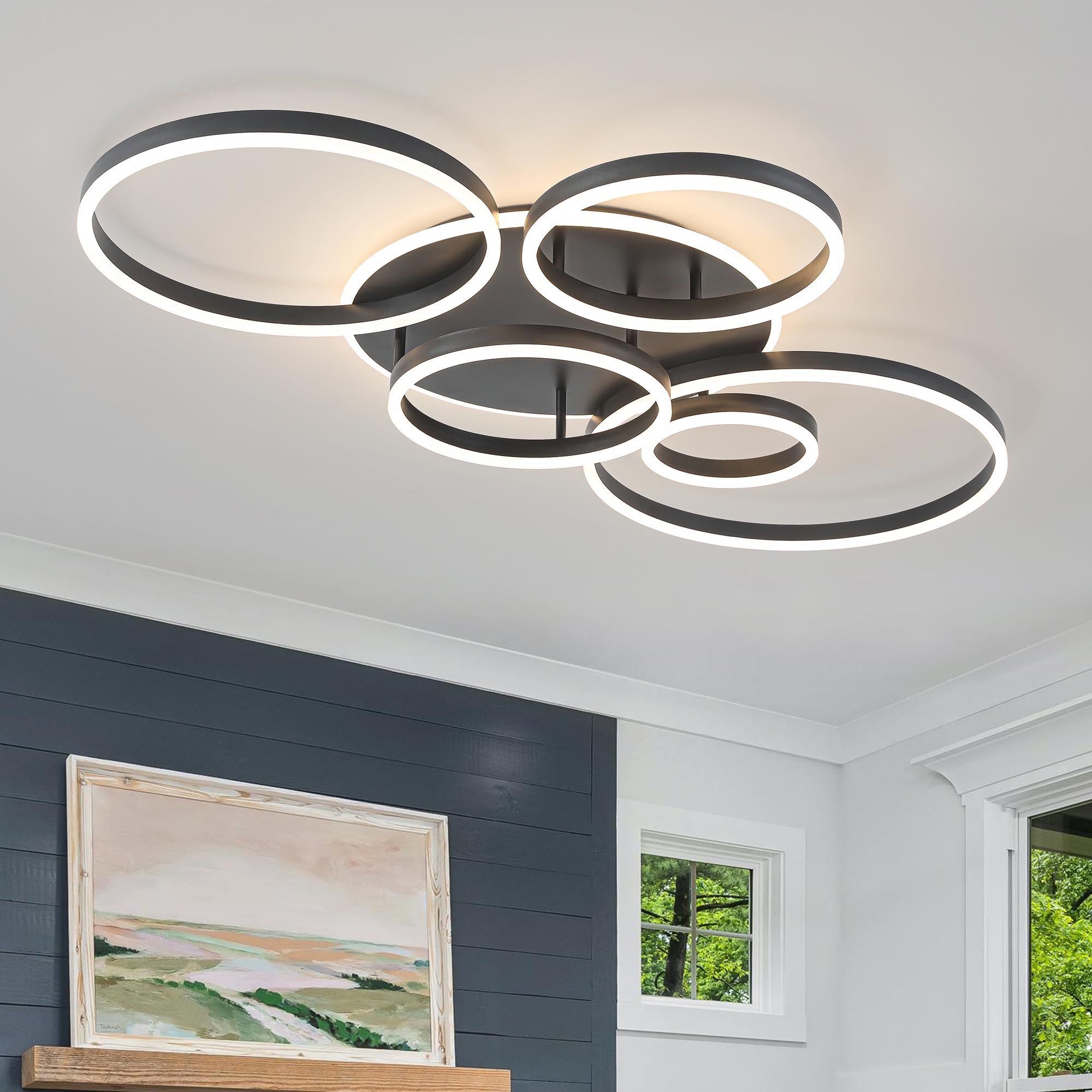 ONEELDY Black LED Flush Mount Ceiling Light, Dimmable, 47in Round 6 Rings Fixture for Dining Room, Living Room, Bedroom