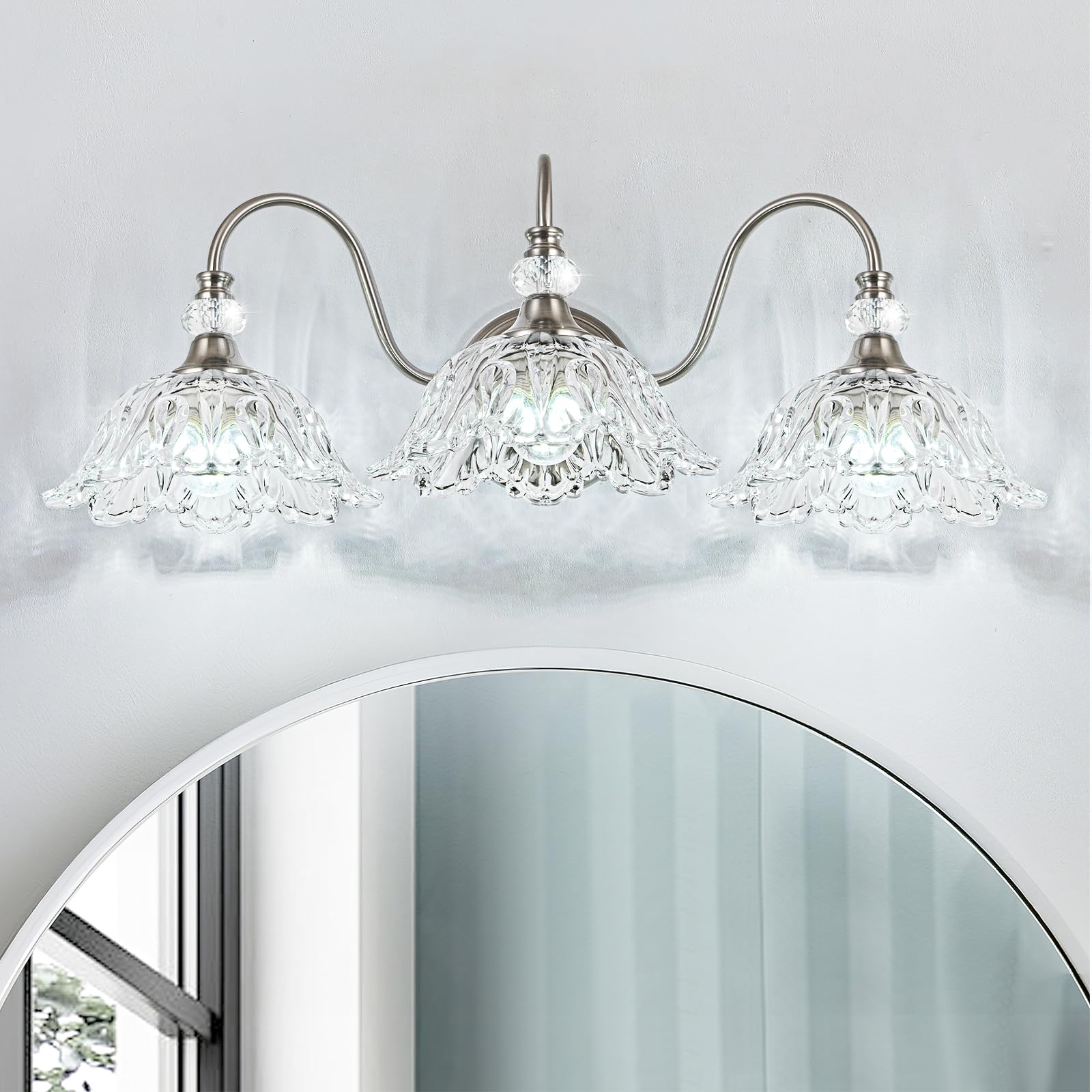 Brushed Nickel 3-Light Bathroom Vanity Light With Floral Clear Glass Shades  Brushed Nickel Wall Mount Lighting For Bathroom  Dressing Table
