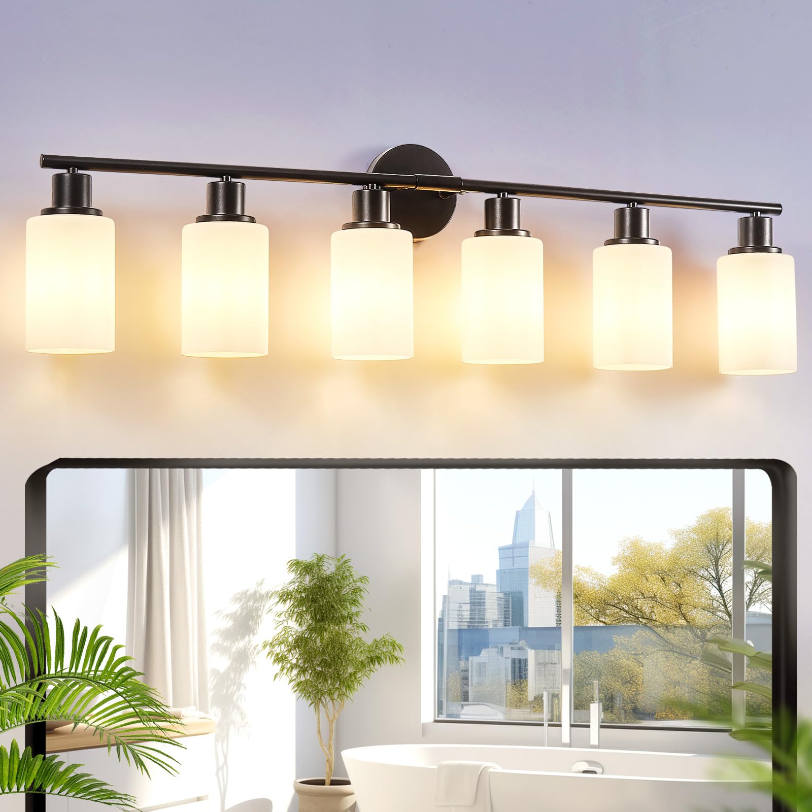 DINGLILIGHTING 6-Light Bathroom Vanity Light Fixtures, Black Metal with Milky White Glass Shade, Ideal for Mirror, Kitchen, Living Room