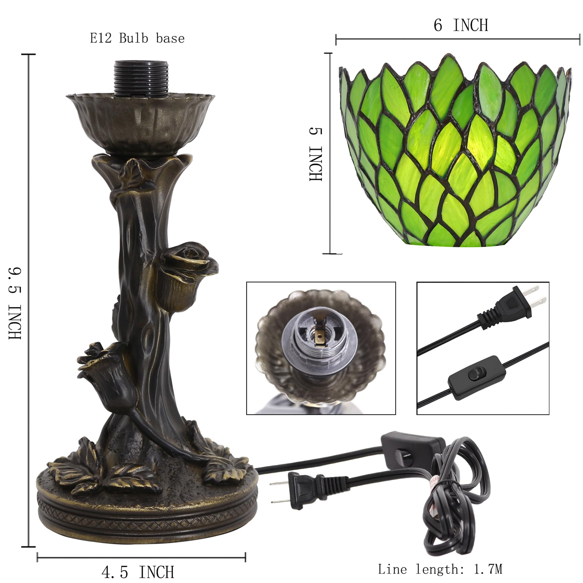 Avivadirect Small Tiffany Lamp Mini Stained Glass Table Lamp Green Wisteria Accent Desk Uplight W6 H13.5 Inch Bronze Resin Base