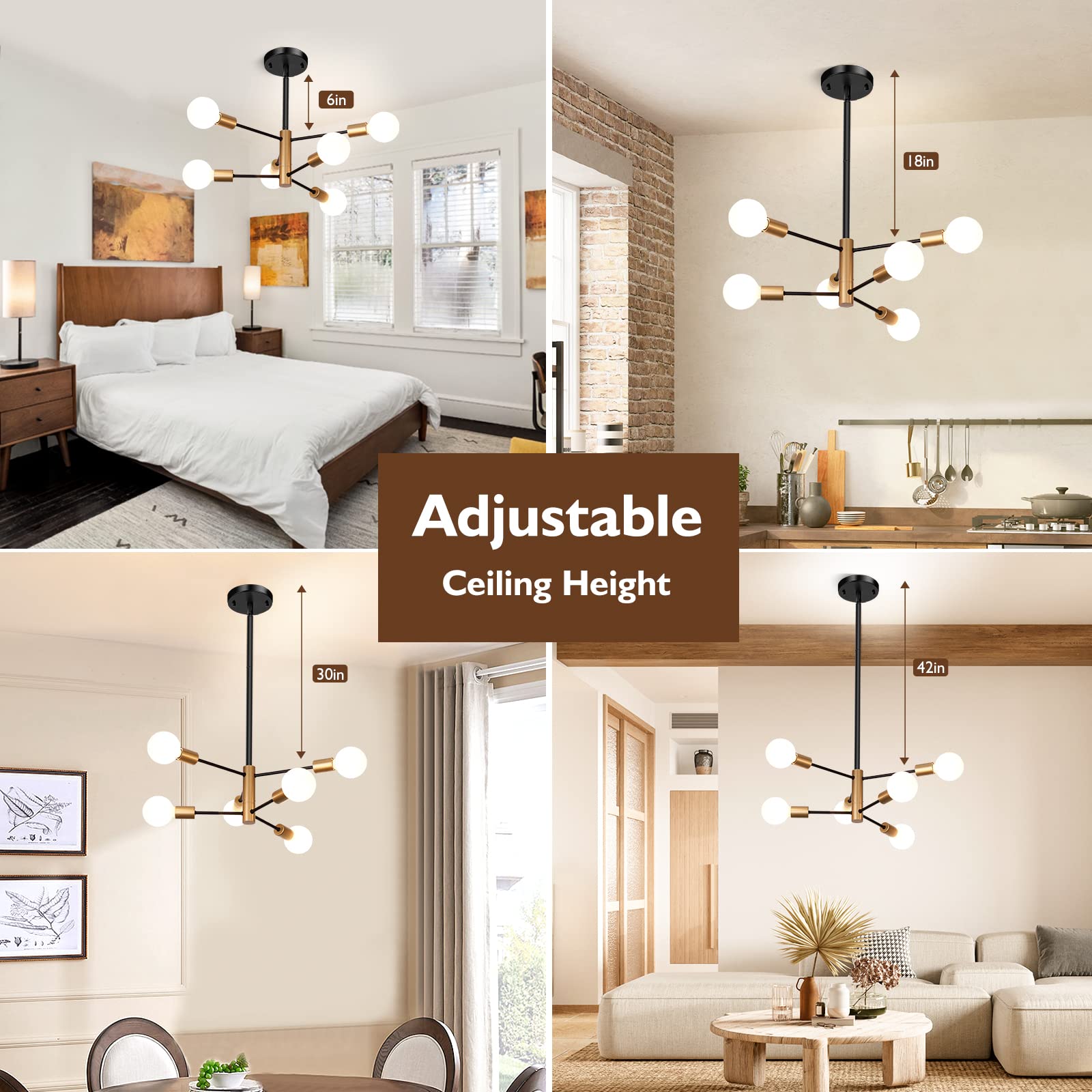 Sheetea 6-Light Sputnik Chandelier, Black And Gold Chandeliers Pendant Lighting, Modern Farmhouse Dinning Room Light Fixture Mid Century Brass, Height Adjustable For Living Room Bedroom Kitchen Island