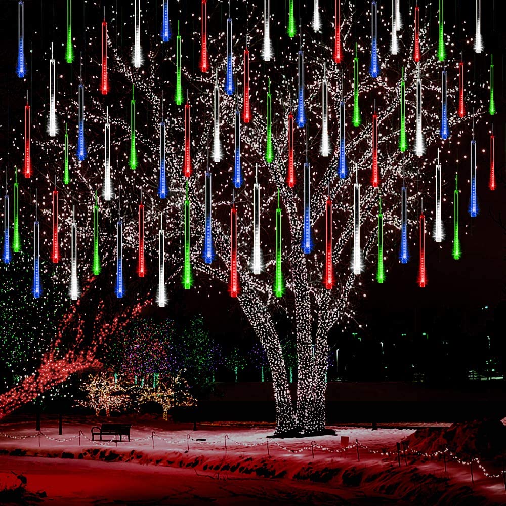 Lauzior Christmas Lights Outdoor, Meteor Shower Falling Rain Lights 12 inch 8 Tube Snow Falling Icicle Cascading Light for Xmas 