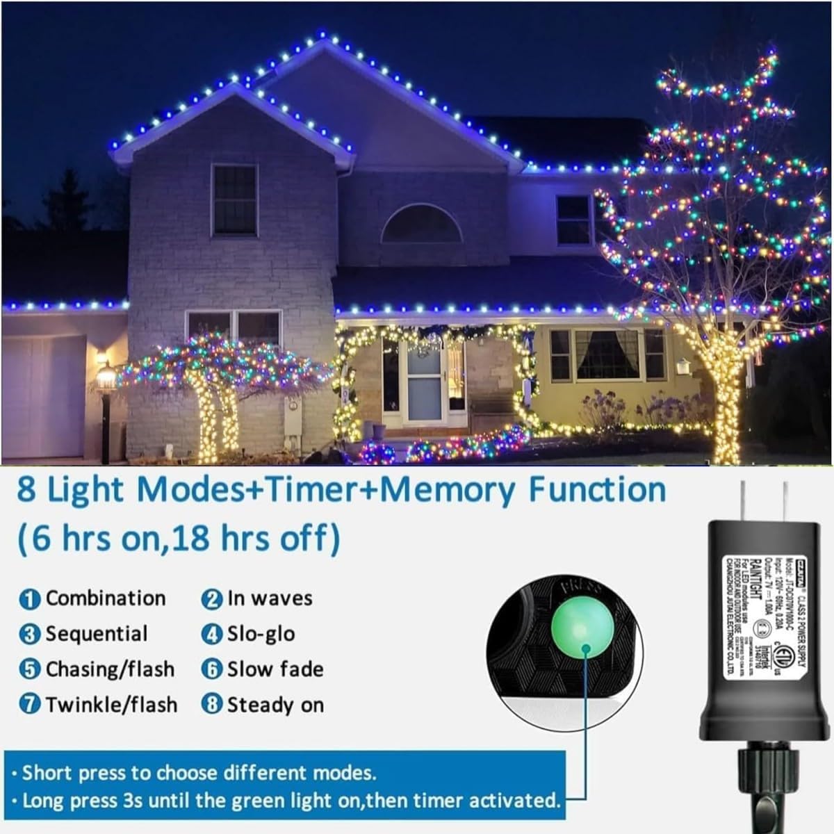 YEGUO 200 LED Christmas Lights, Waterproof Indoor/Outdoor, 66ft Green Wire, Blue and White, 8 Modes, Model JT-EL/FC300V0120-C