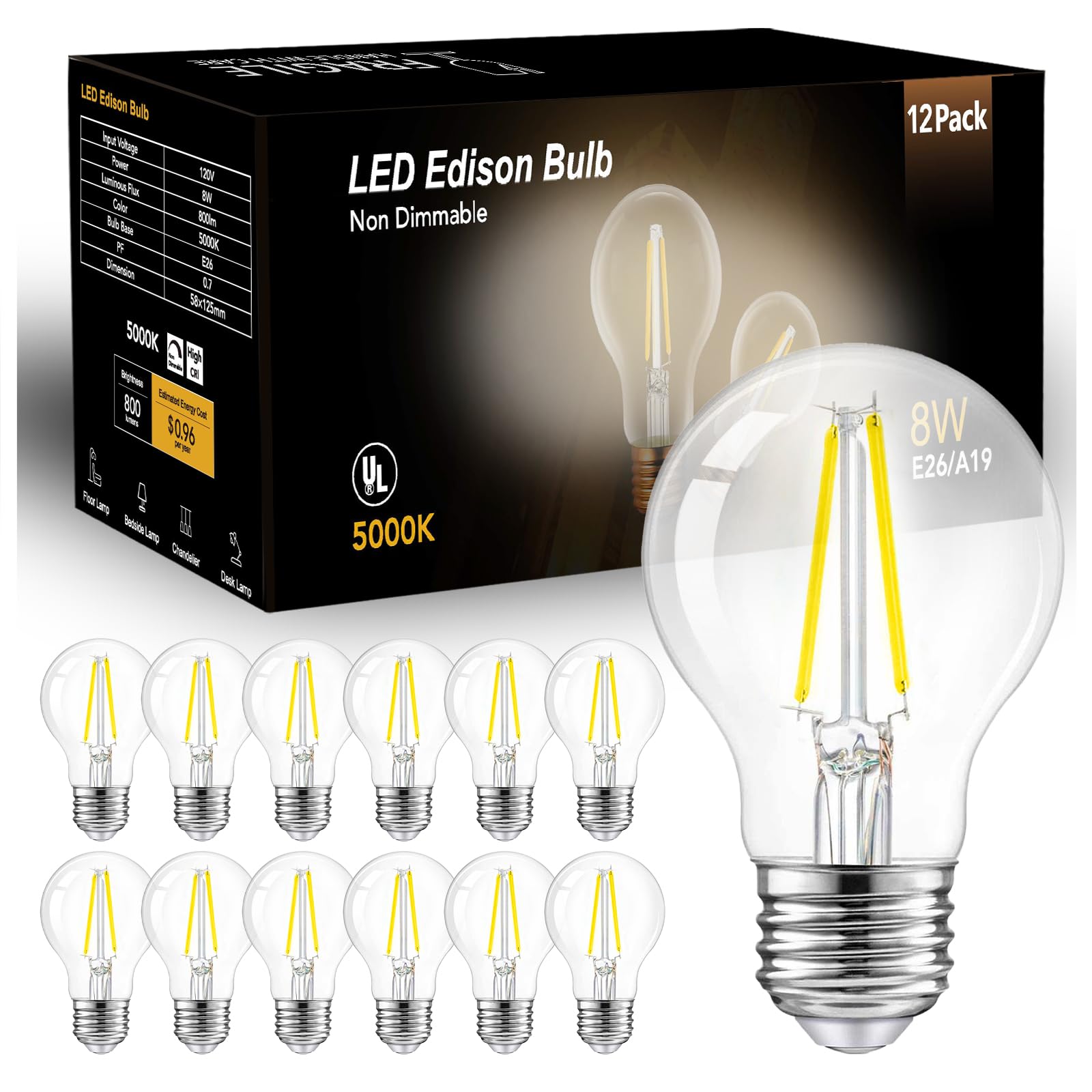 dalattin A19 Vintage LED Edison Bulbs 60W Equivalent 5000K Daylight White 12 Pack E26 Base Non-Dimmable