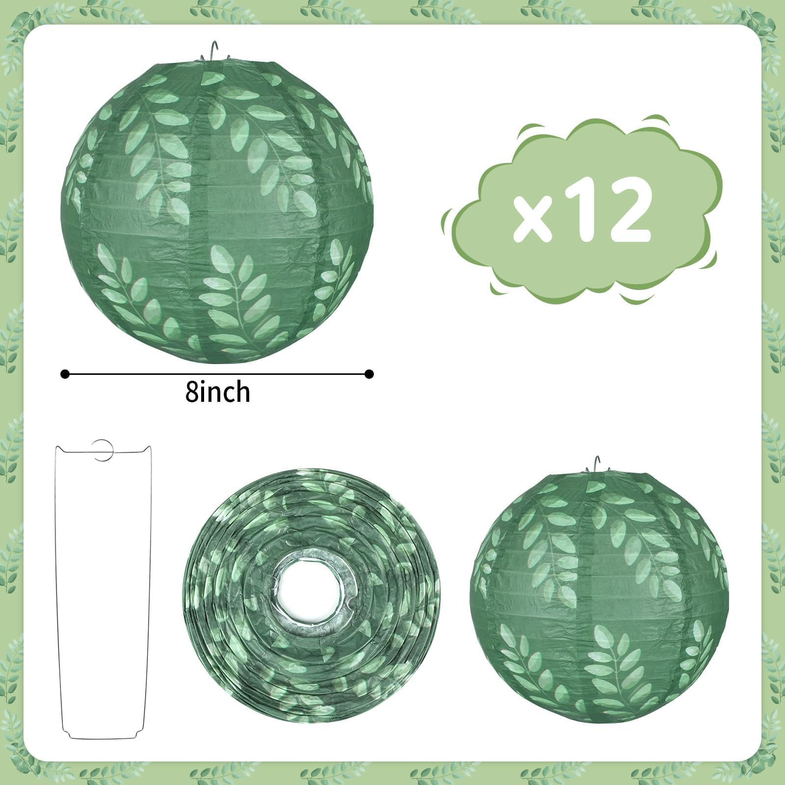 12Pcs Greenery Paper Lanterns Set Classroom Decorations 8Inch Hanging Paper Lanterns Ceiling Decorations Paper Lanterns For Green Boho Weeding Birthday Bridal Showers Neutral School Classroom Decor