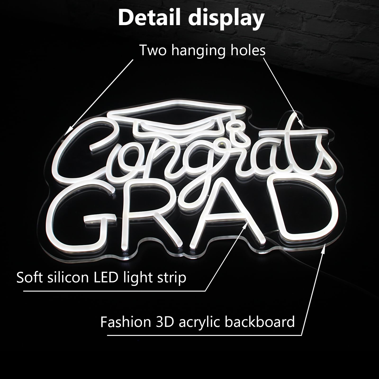 Jesalah Neon Sign - Graduation Party LED Light - USB Wall Decor - White Acrylic & PVC - Dorm Room Birthday Backdrop