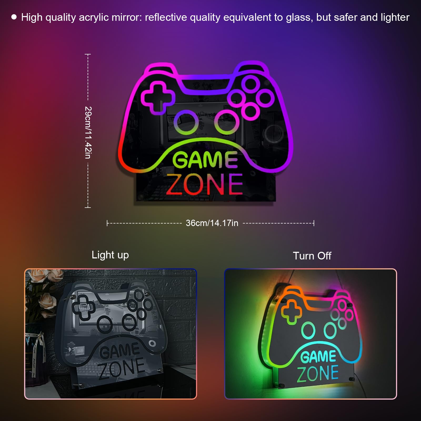 ineonlife Game Zone Controller Neon Sign LED Lights for Gaming Room 11.42 x 14.17 inches Mirrored Colorful Design