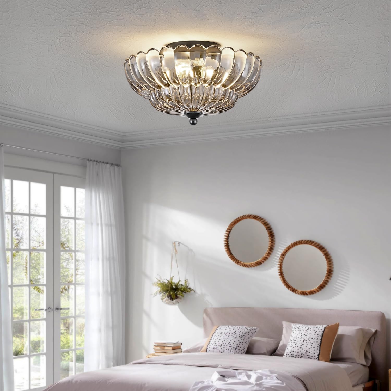 Modern Black Ceiling Light Fixture, 12'' Grey Glass Flush Mount Chandeliers, Semi Flush Mount Ceiling Light Fixture Suitable For