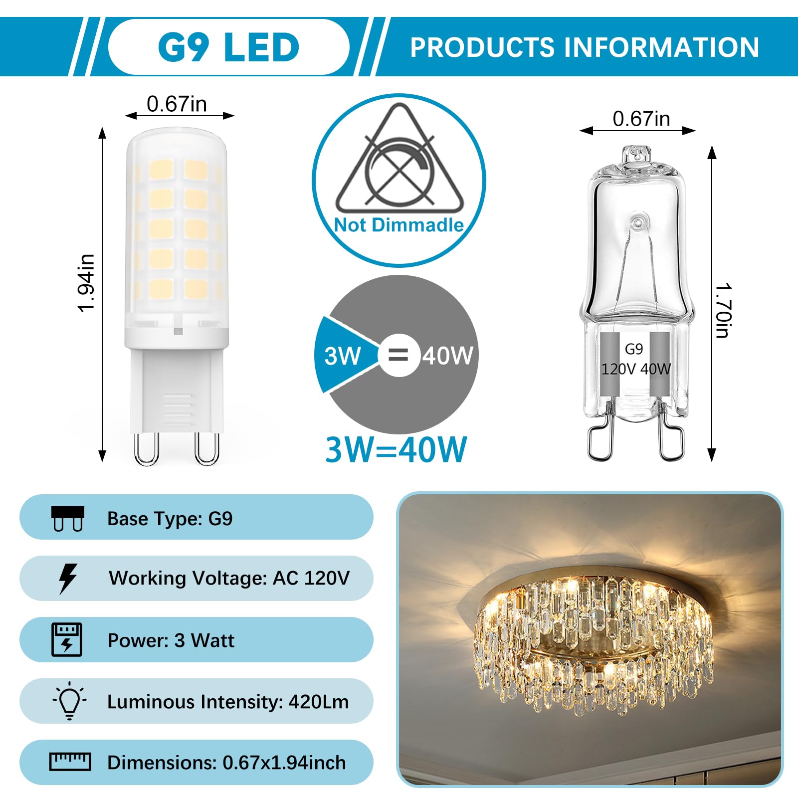 Baoming G9 Led Bulb 3W, 40 Watt T4 G9 Halogen Equivalent, 3000K Soft Warm White, 120V No-Flicker, Non-Dimmable.Chandelier Lighti