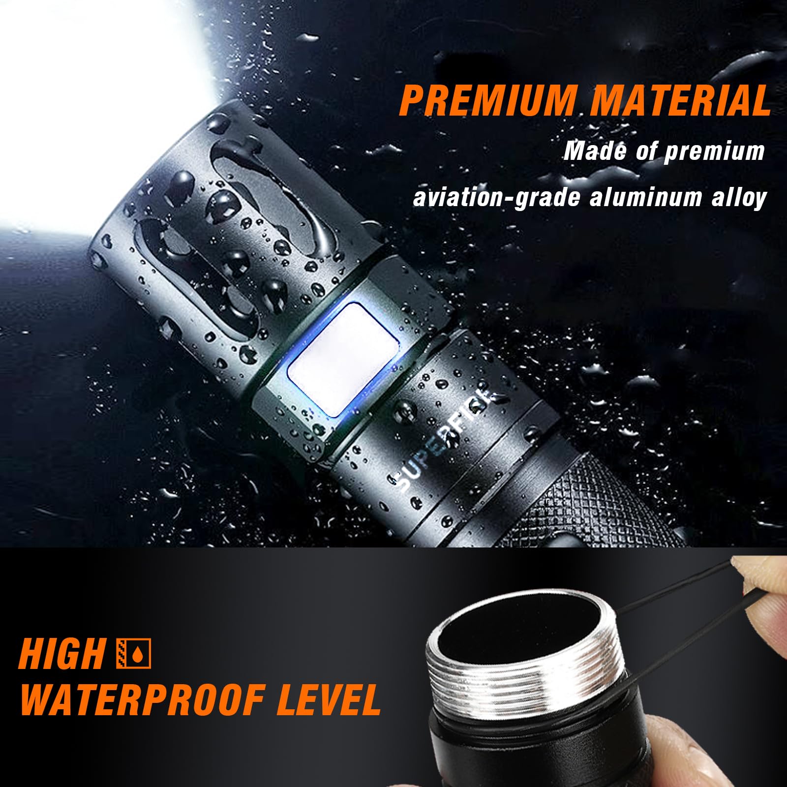 SuperFire X60 Rechargeable Flashlight - Small, Powerful EDC, 4 Modes, Water Resistant, Black, Aluminum