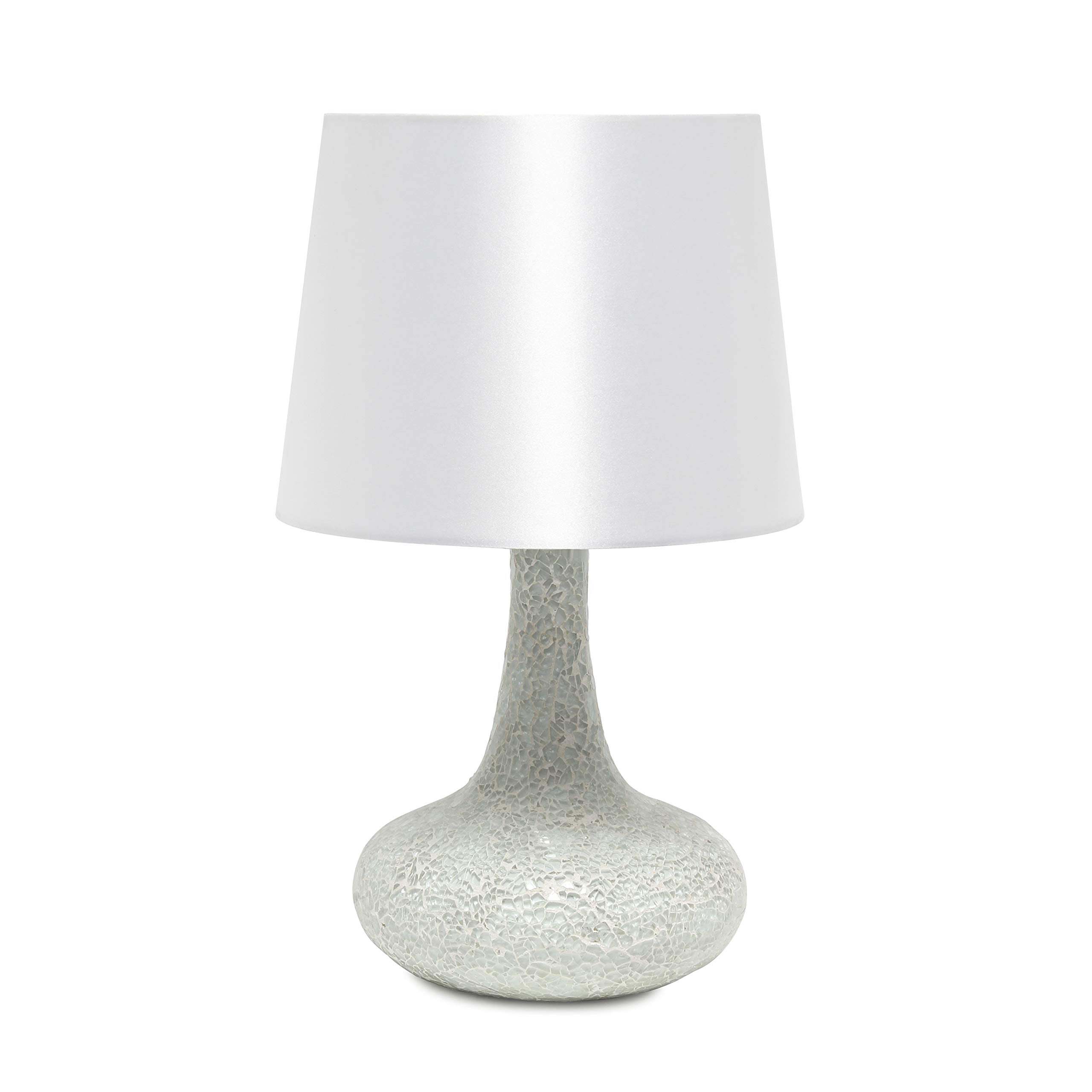 Simple Designs Lt3039-Wht 14.17” Contemporary Mosaic Tiled Glass Genie Standard Table Lamp With Matching Fabric Shade For Home Décor, Bedroom, Living Room, Foyer, Office, White