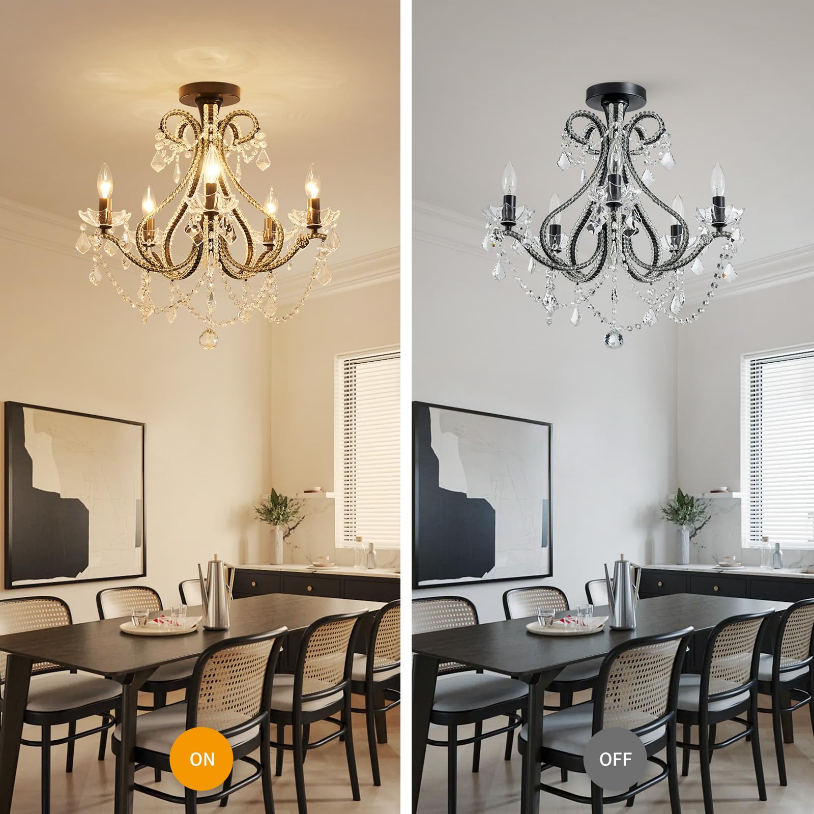 WUZUPS 5-Light Crystal Candle Chandelier Flushmount Ceiling Light, 20.9inH x 22inW, Black, Metal, Model USHD-5511506BK