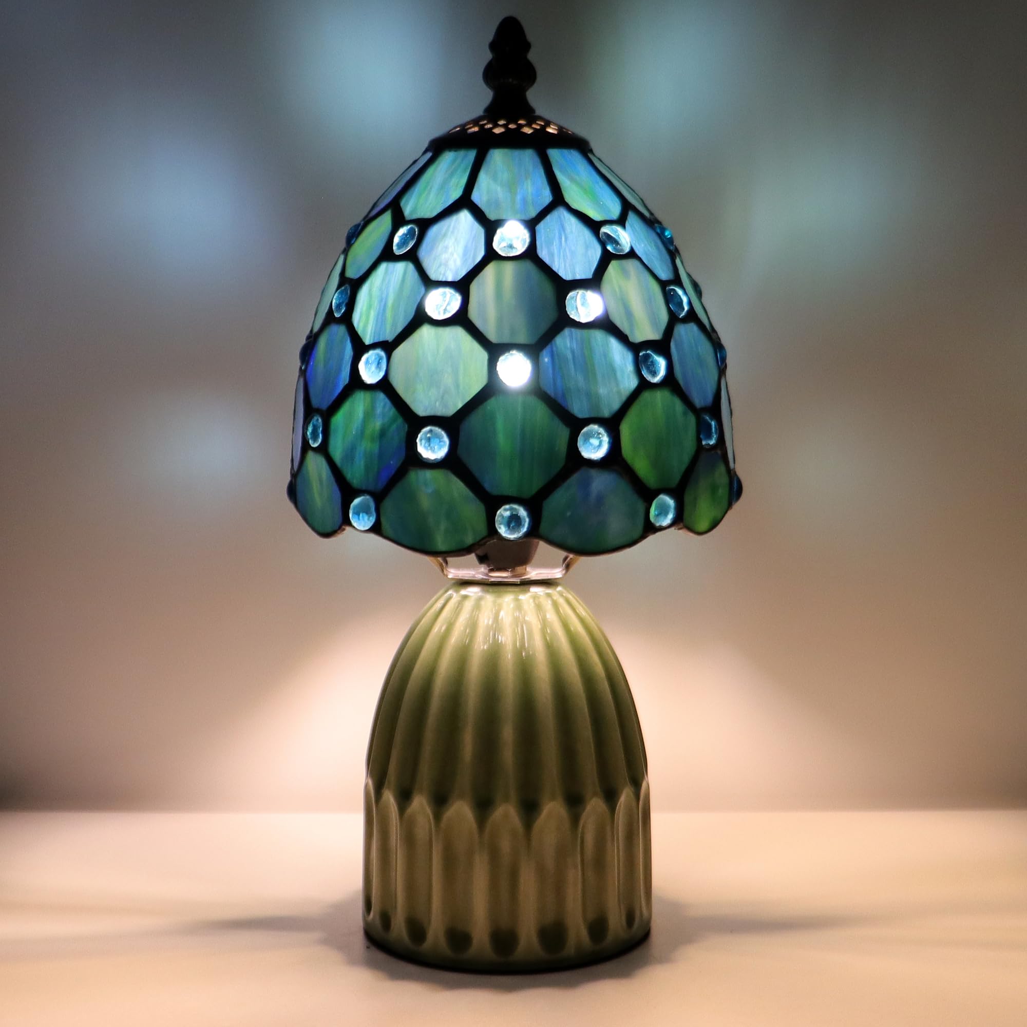 MQYXH Tiffany Lamp Stained Glass Mushroom Table Lamps 6X6X12.5 Inch Sea Blue Pearl Style Small Night Light Ceramic Base Mini Accent Desk Light Suitable for Bedside Table Bedroom Children Room