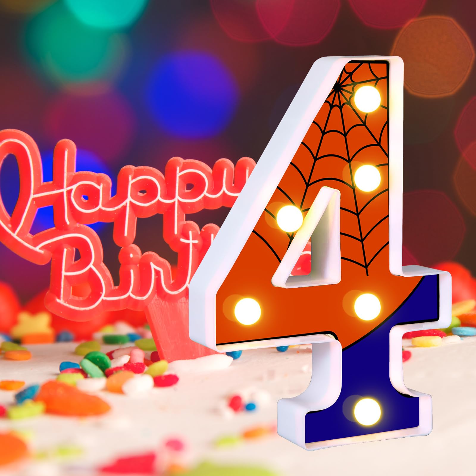 AXBMM Light Up Spider Birthday Sign, Number 4, LED, 8.5in, Blue/Red, Plastic