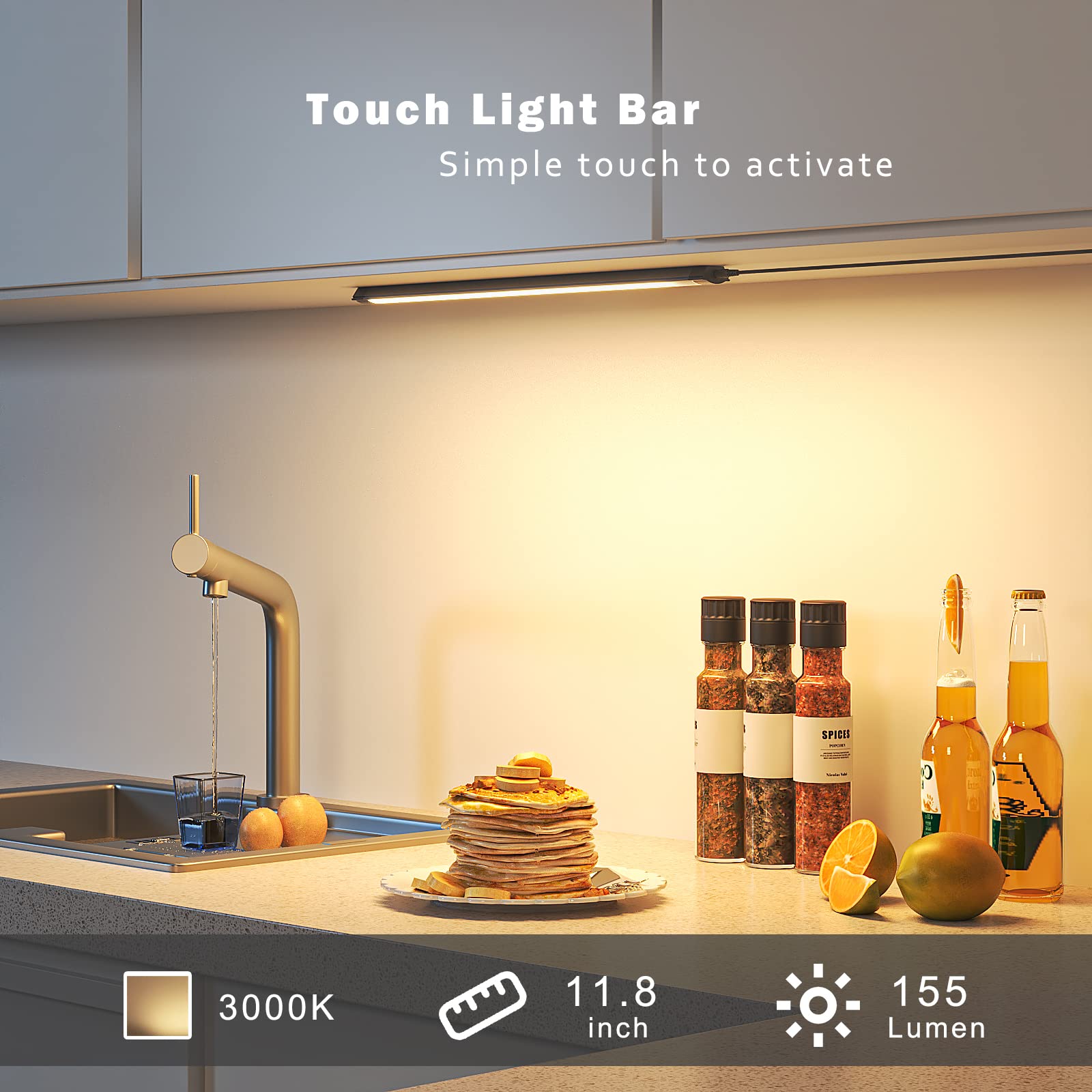 MYPLUS Under Cabinet Lights - 12" Dimmable LED Light Bar, Warm White 3000K, Aluminum, Plug-in - Black Case