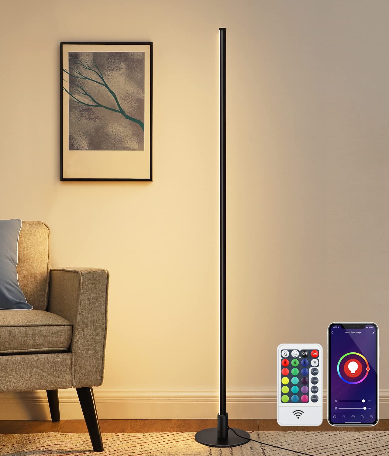 EDISHINE RGBW LED Corner Floor Lamp, Modern Minimalist Dimmable Light, Color Changing Sleek Stick Lamp, Slim Tall Light for Livi