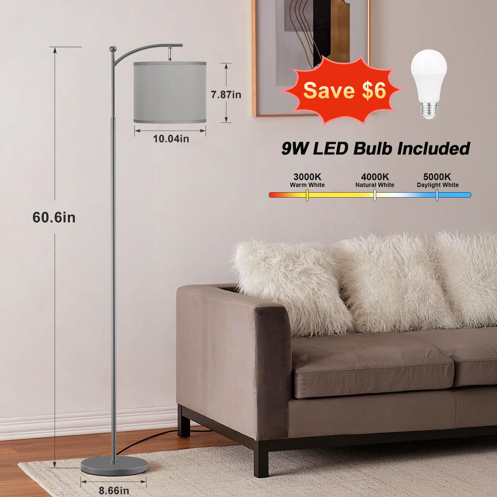 60'' Floor Lamps For Living Room With 3 Color Temperatures, Adjustable Gray Shade With Deep Gray Pole, Tall Lamps For Living Roo